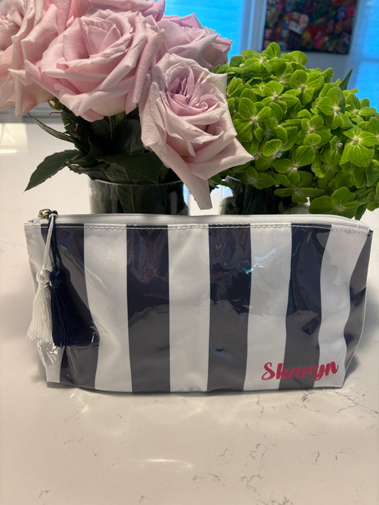 Personalized coated travel makeup bag with tassel closure- blue/ white