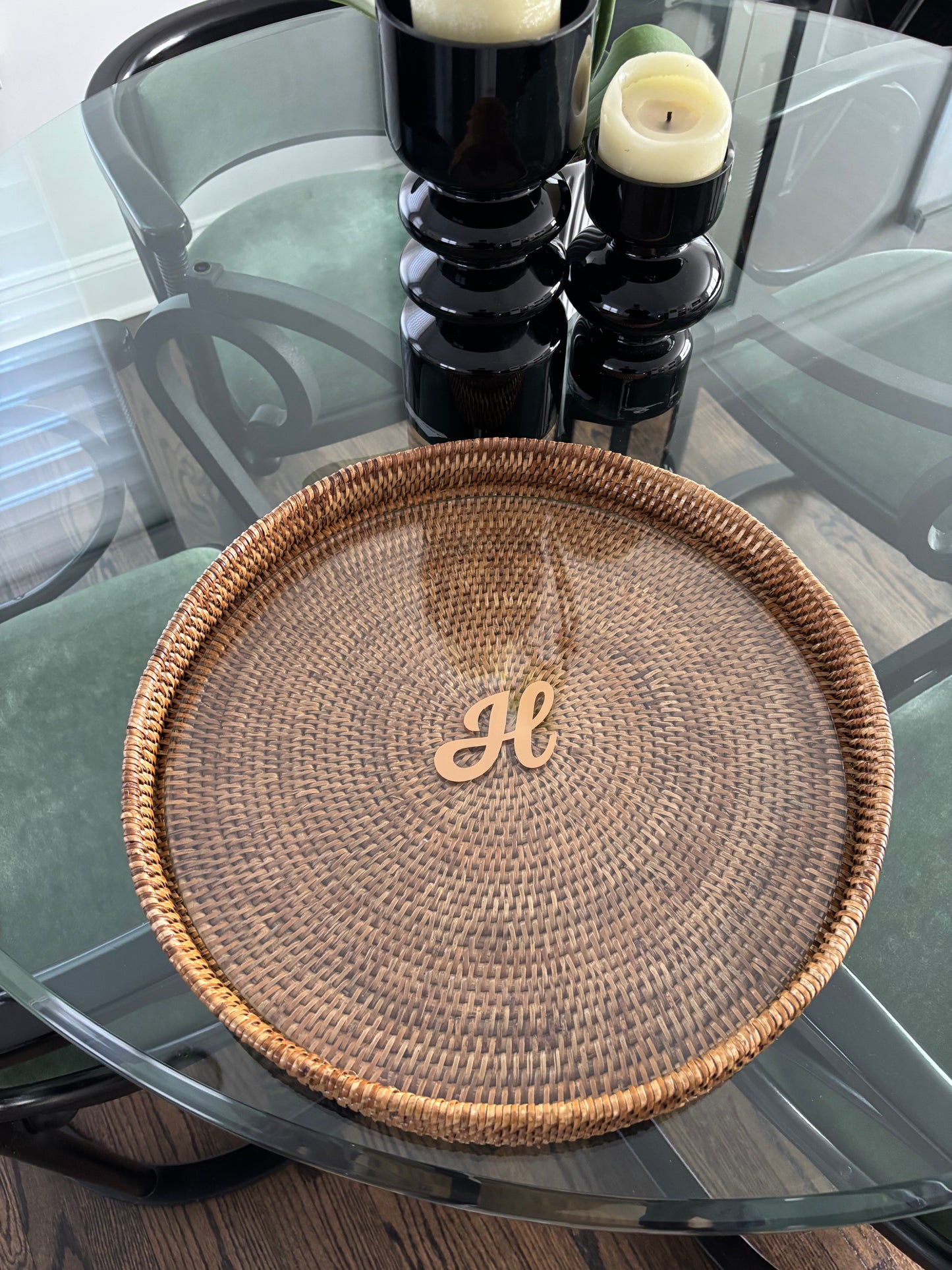 Personalized 16" x 2" round rattan tray with glass insert