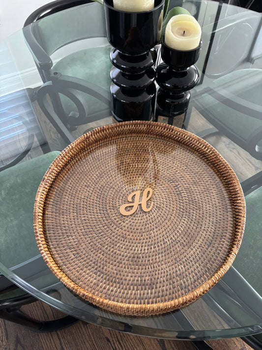 Personalized 16" x 2" round rattan tray with glass insert