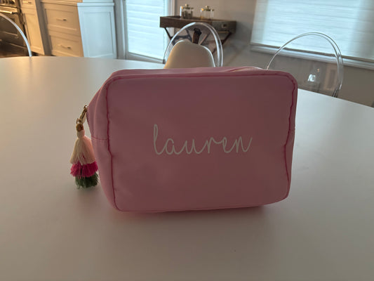 Personalized pale pink nylon makeup bag with your name
