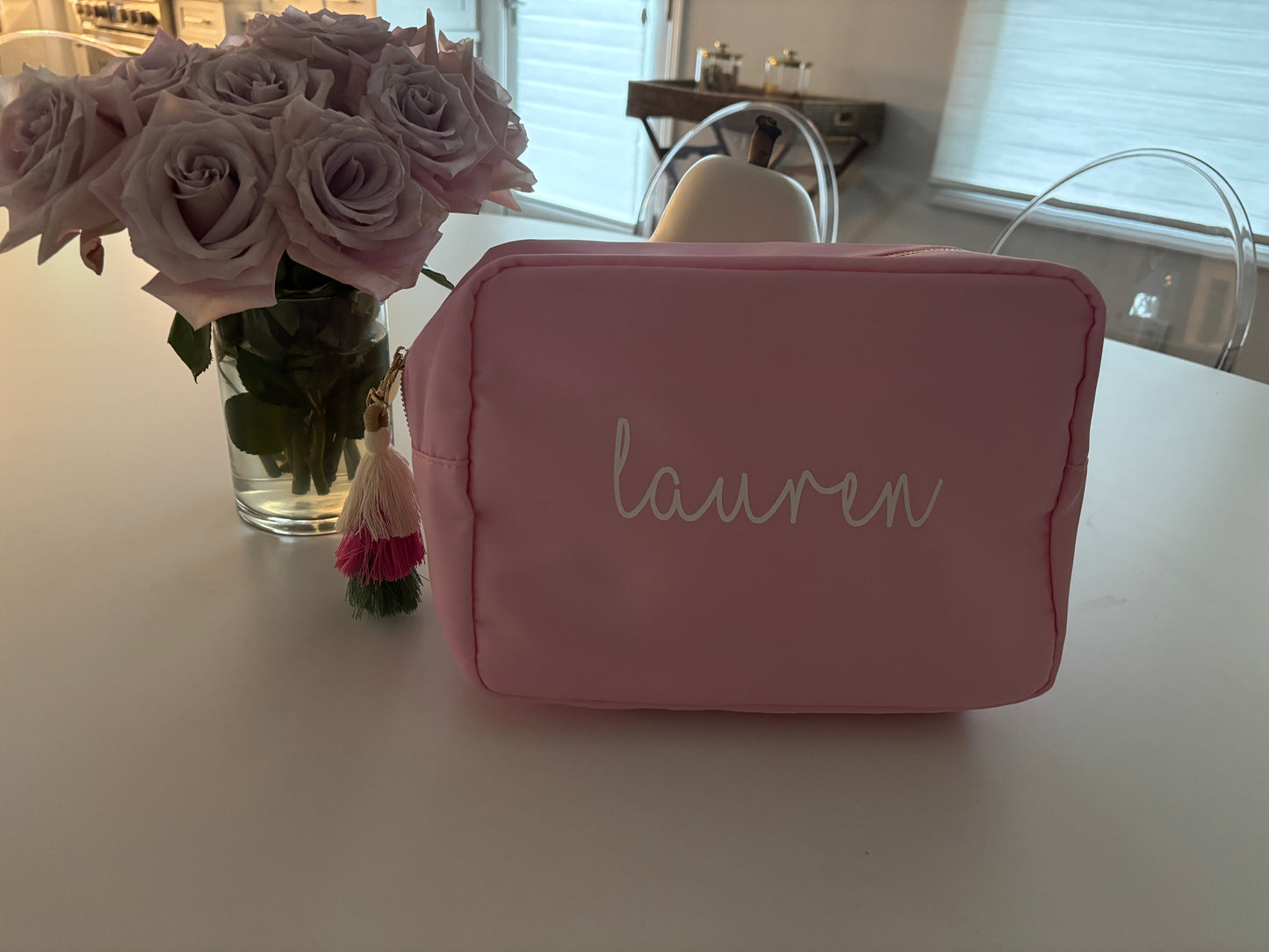 Personalized pale pink nylon makeup bag with your name