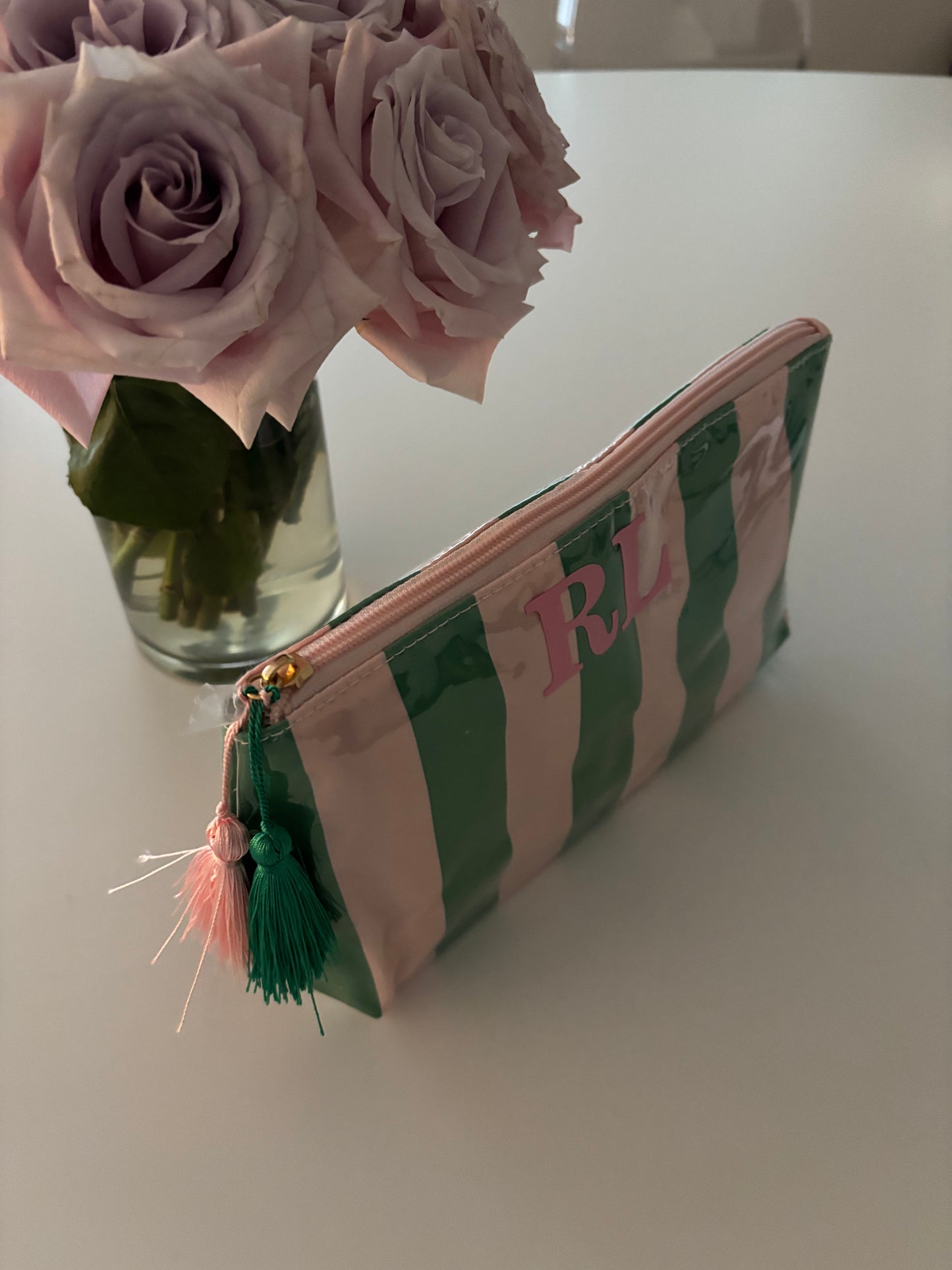 Personalized coated travel makeup bag with tassel closure- pink/ green