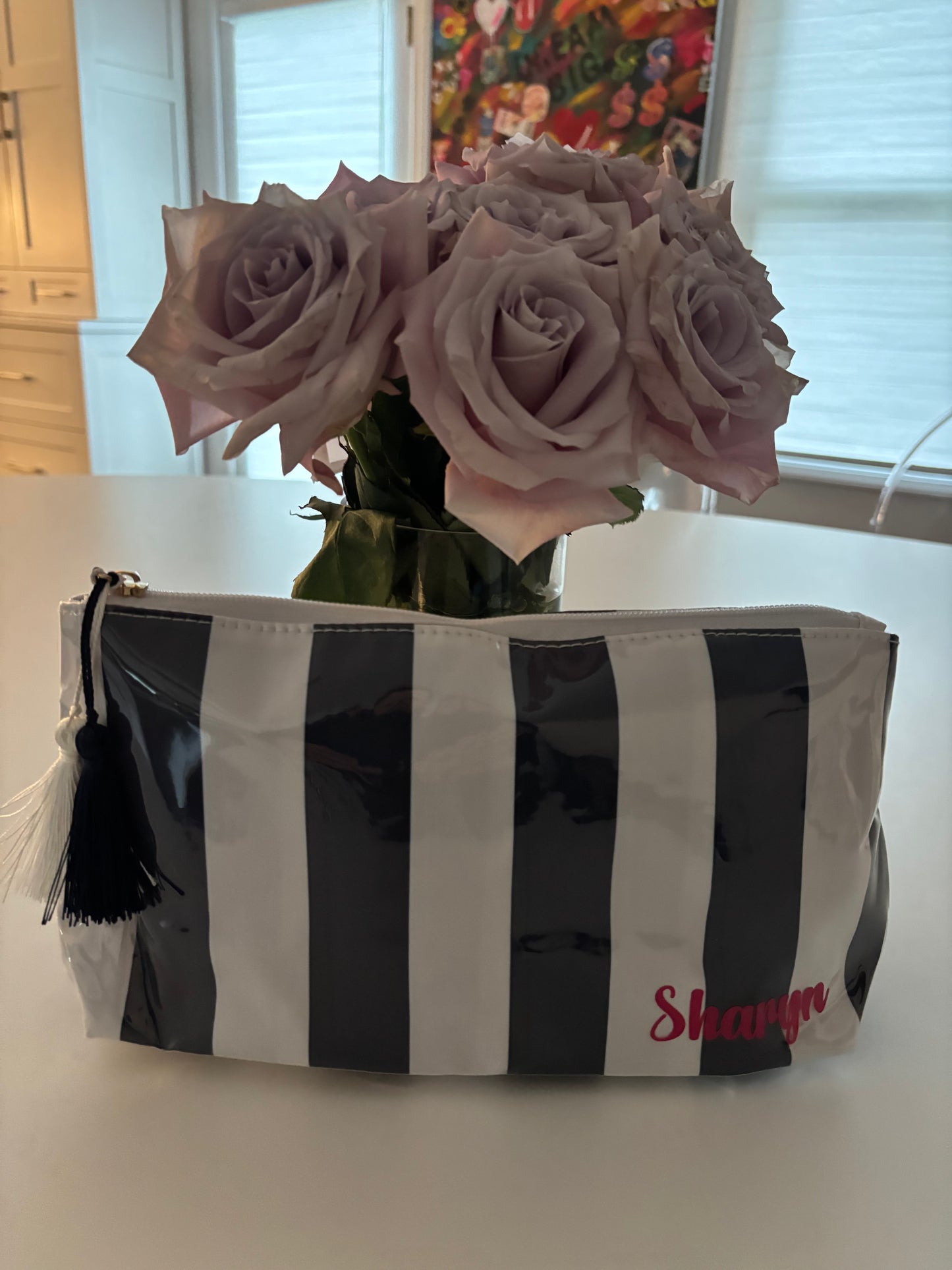 Personalized coated travel makeup bag with tassel closure- blue/ white
