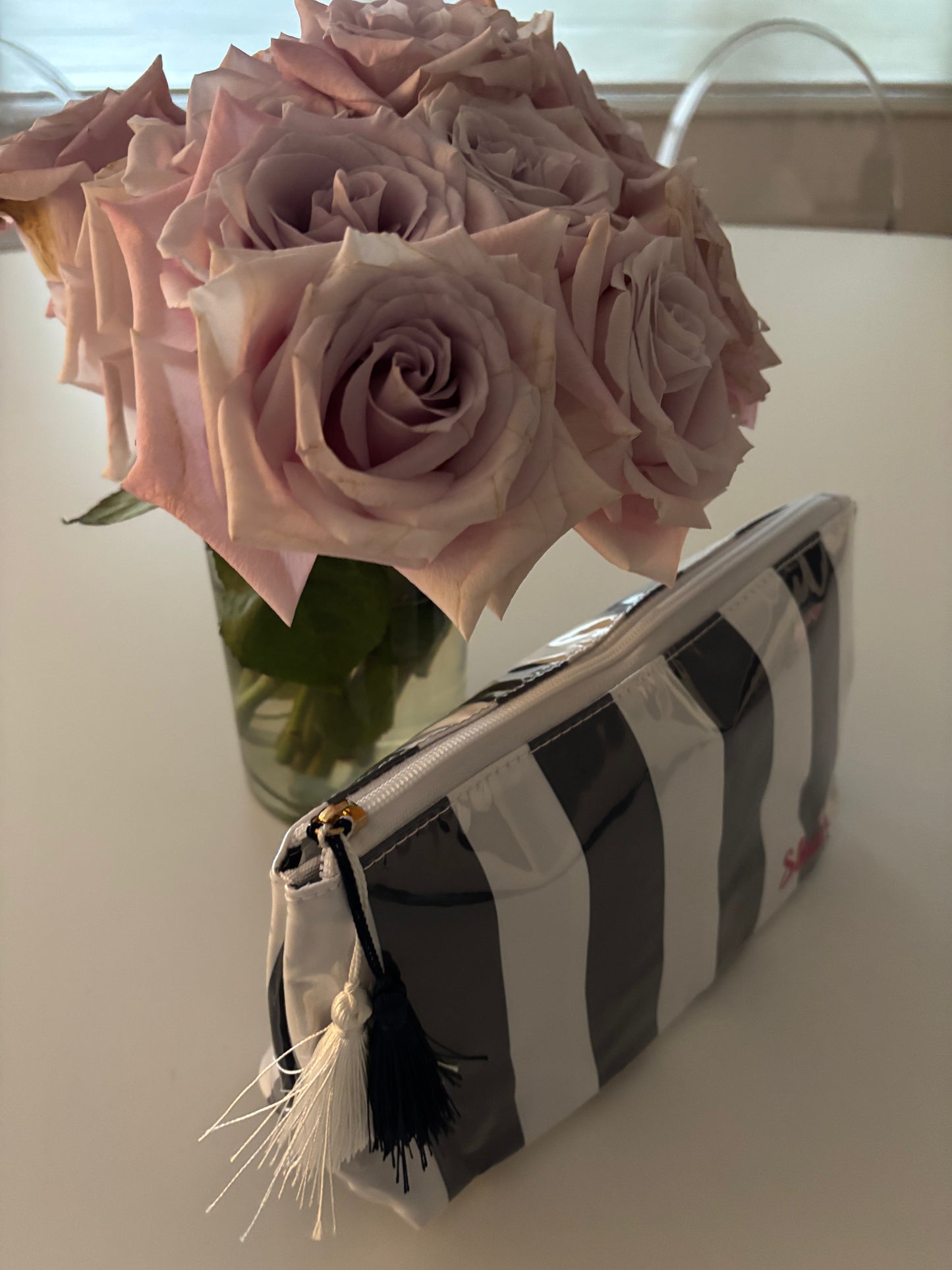 Personalized coated travel makeup bag with tassel closure- blue/ white