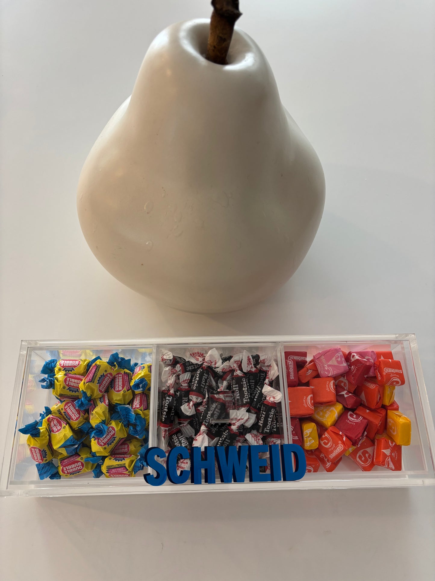 Personalized 3 section clear acrylic serving tray, sold with the candy , sections are removable