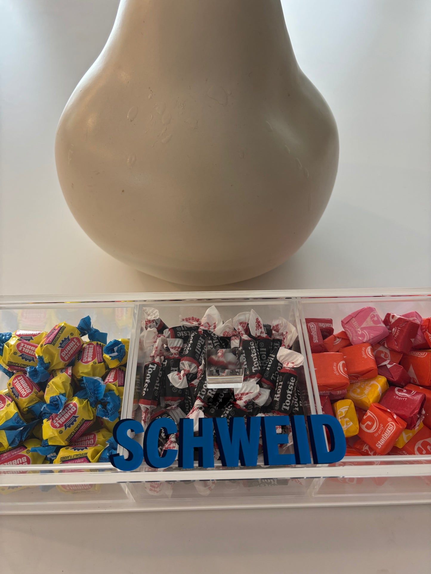 Personalized 3 section clear acrylic serving tray, sold with the candy , sections are removable