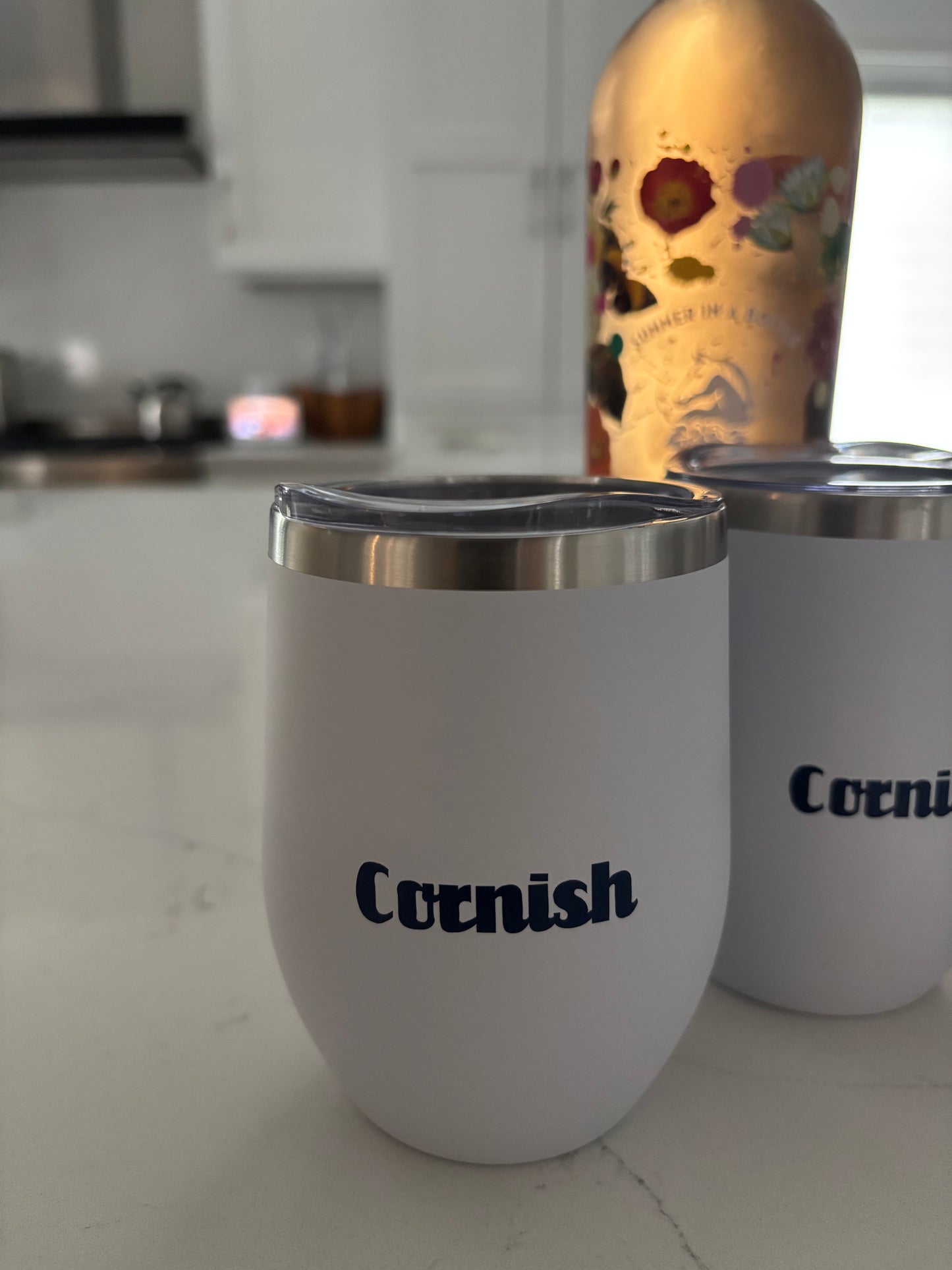 Personalized 12 ounce white stainless steel tumbler with lid / set of 4 with last name