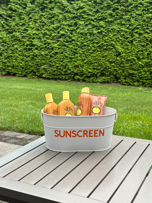 12" white metal tin personalized with SUNSCREEN
