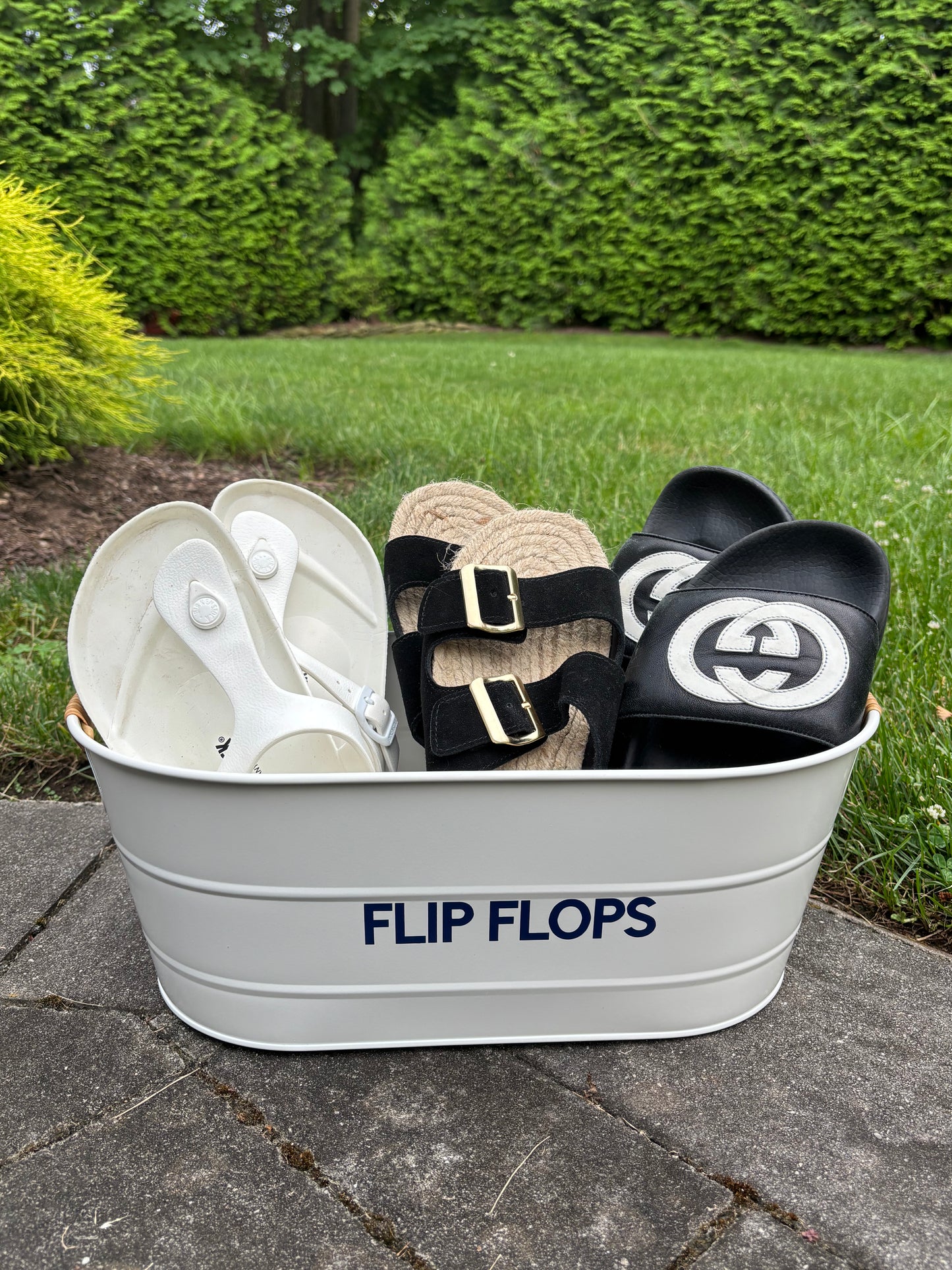 16" white galvanized tin with rattan handles- FLIP FLOPS