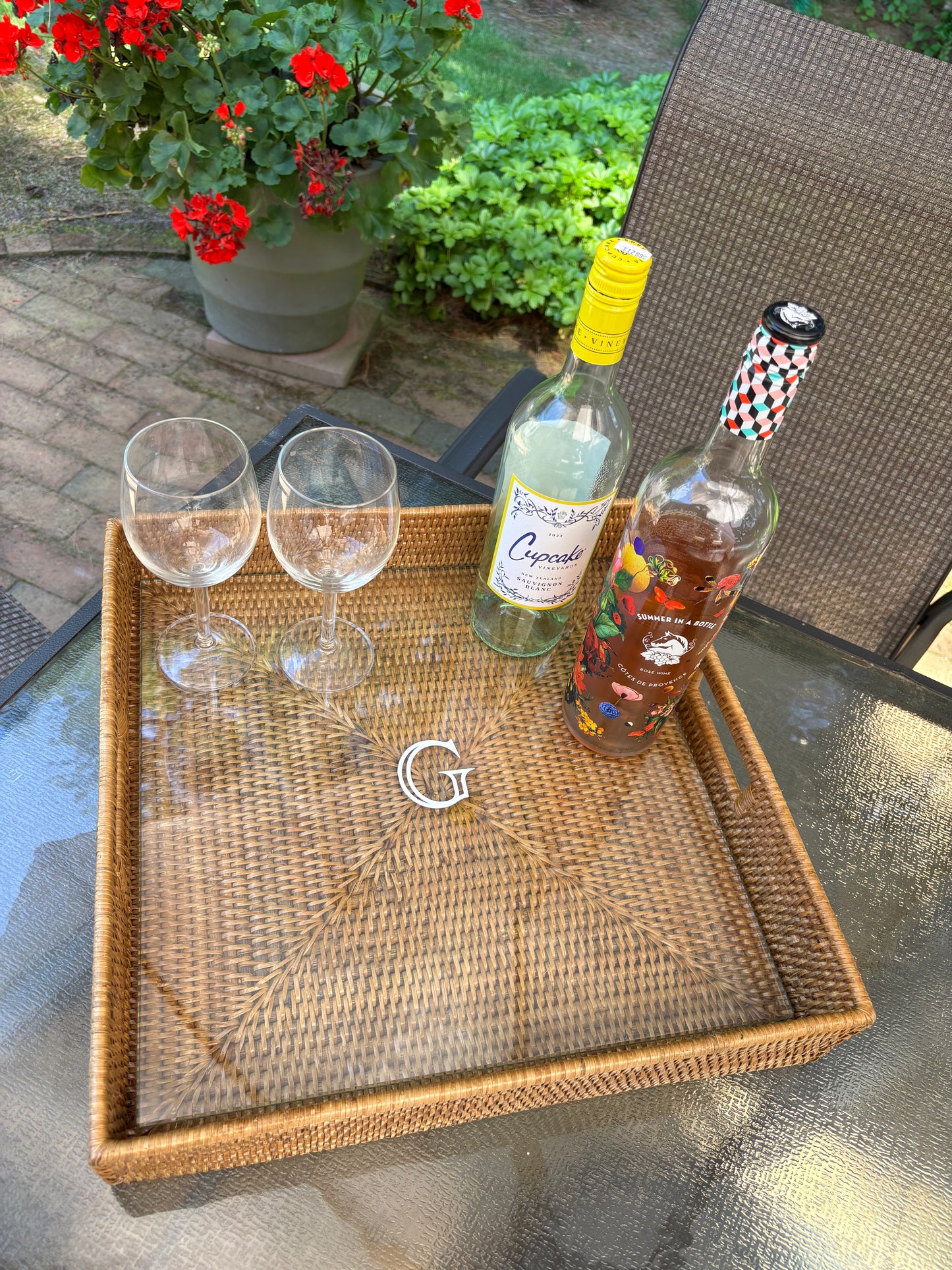 Personalized 16" rattan square tray with glass insert