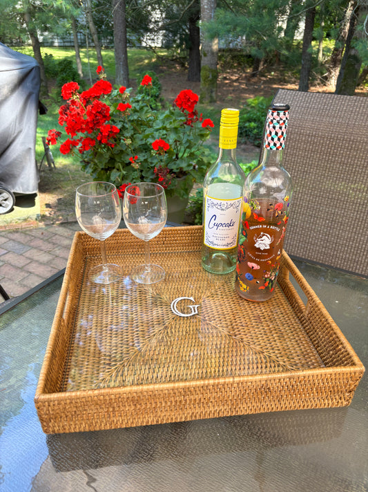 Personalized 16" rattan square tray with glass insert