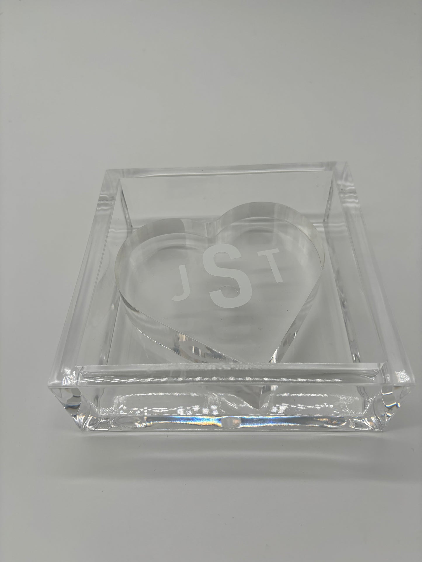 6” x 6” acrylic napkin holder with personalized acrylic heart weight