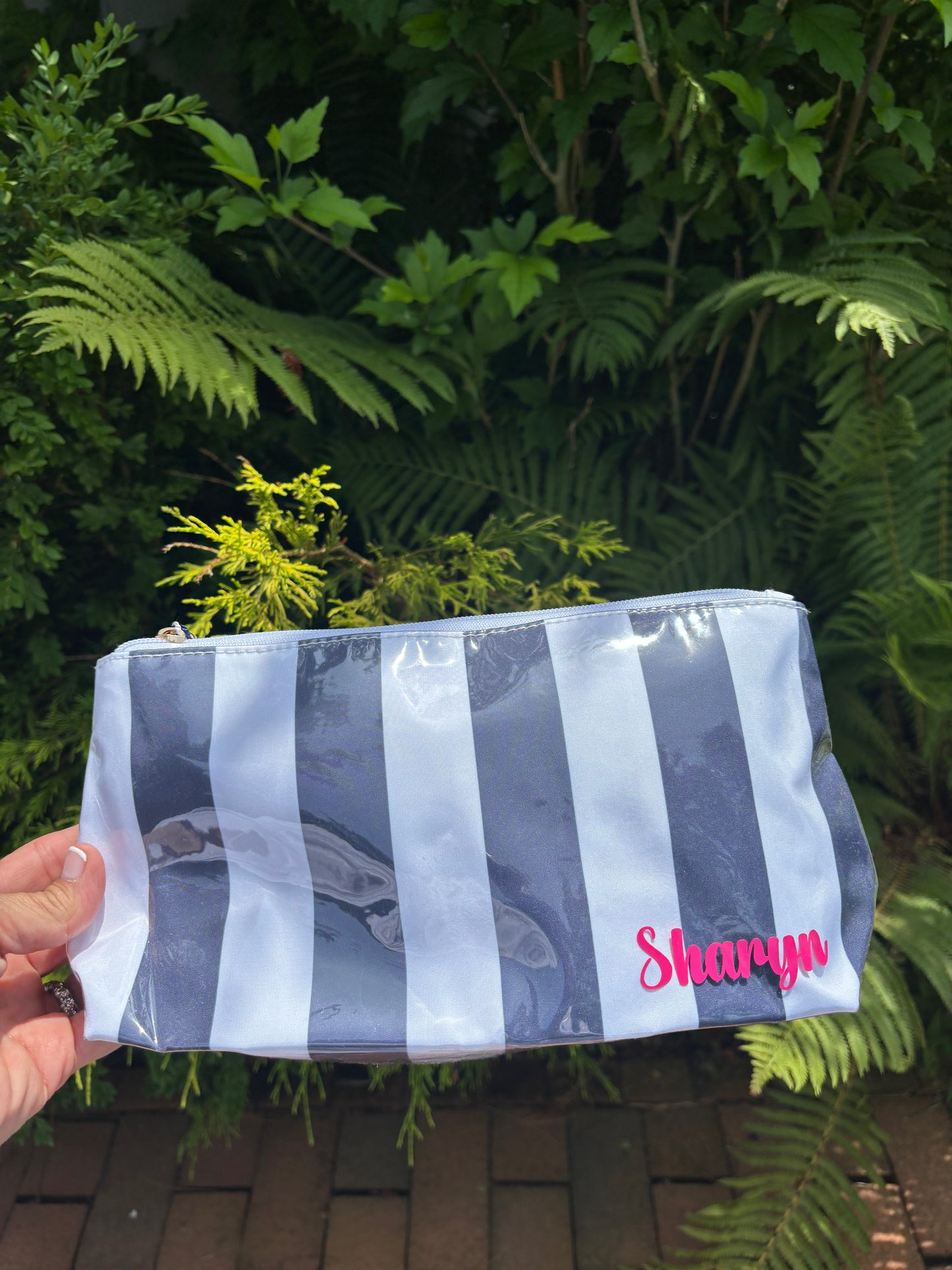 Personalized coated travel makeup bag with tassel closure- blue/ white