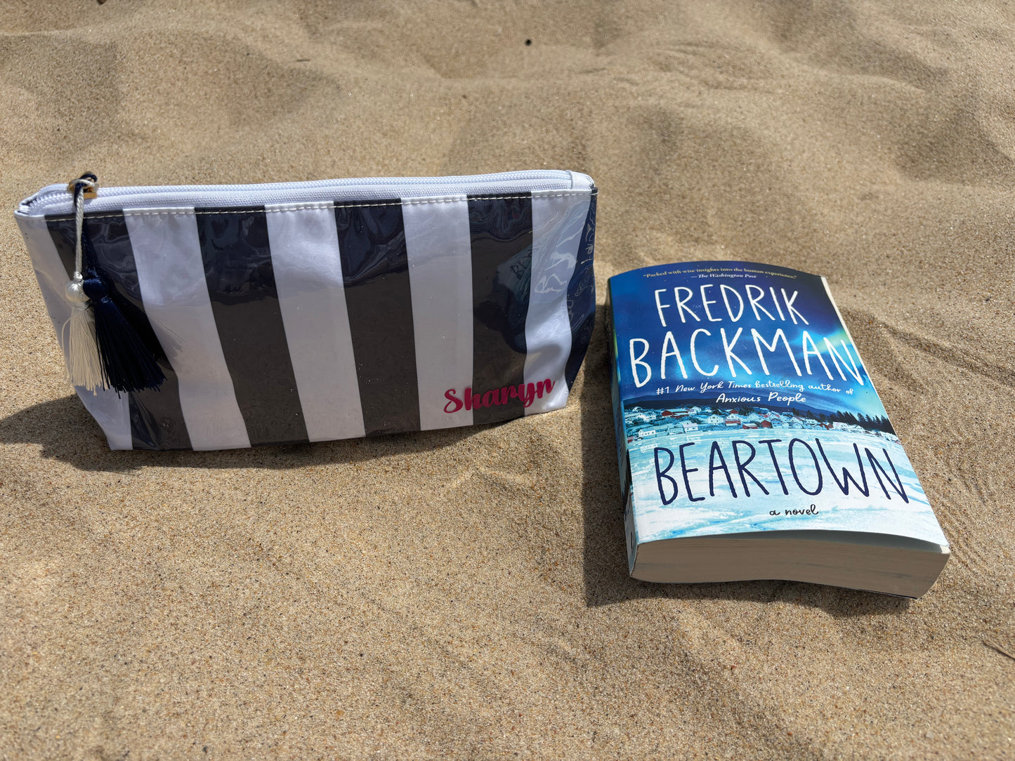 Personalized coated travel makeup bag with tassel closure- blue/ white