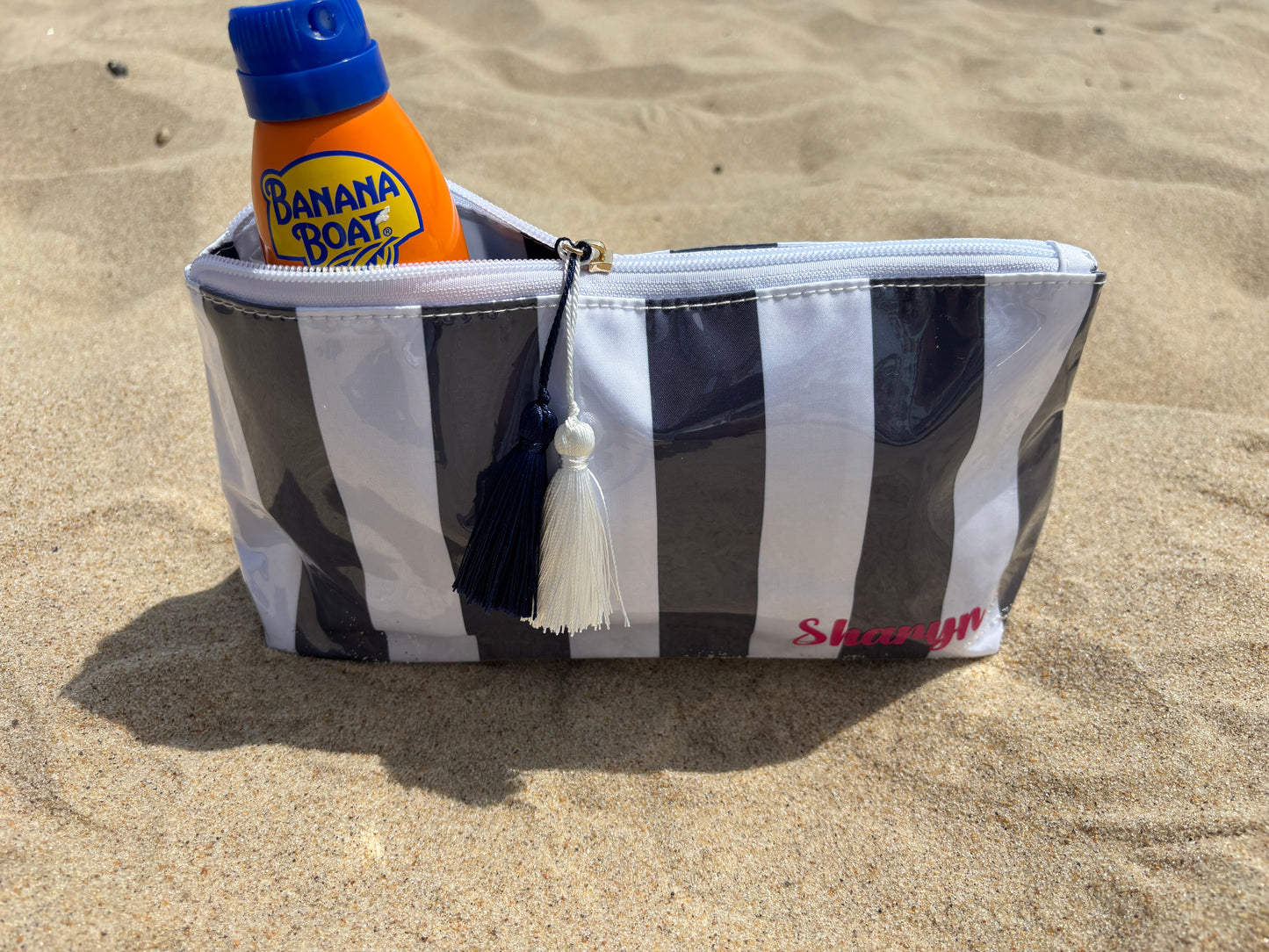 Personalized coated travel makeup bag with tassel closure- blue/ white