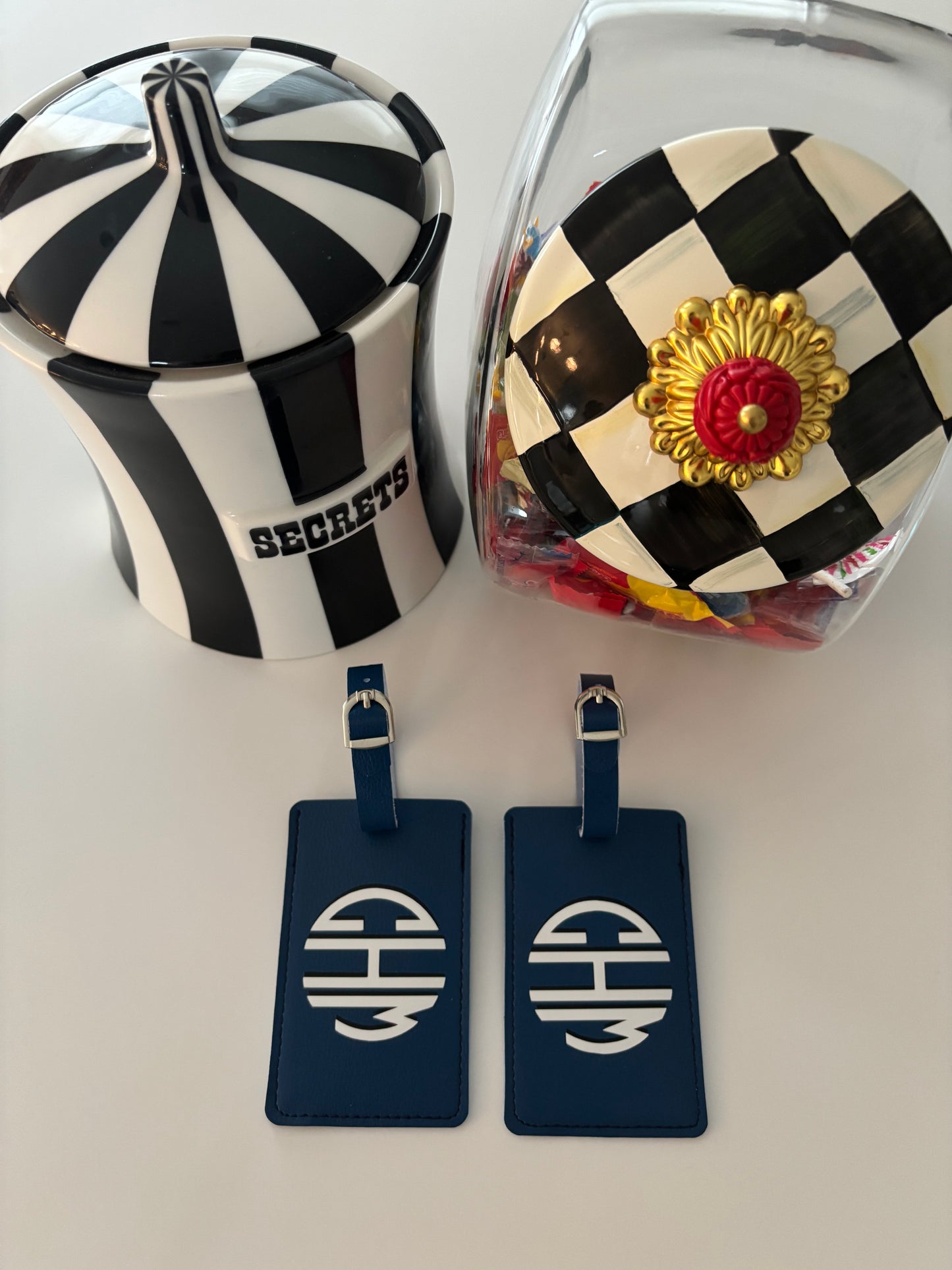 Personalized leather luggage tag blue with 3 letter monogram- set of 2