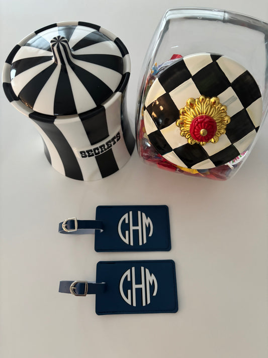 Personalized leather luggage tag blue with 3 letter monogram- set of 2