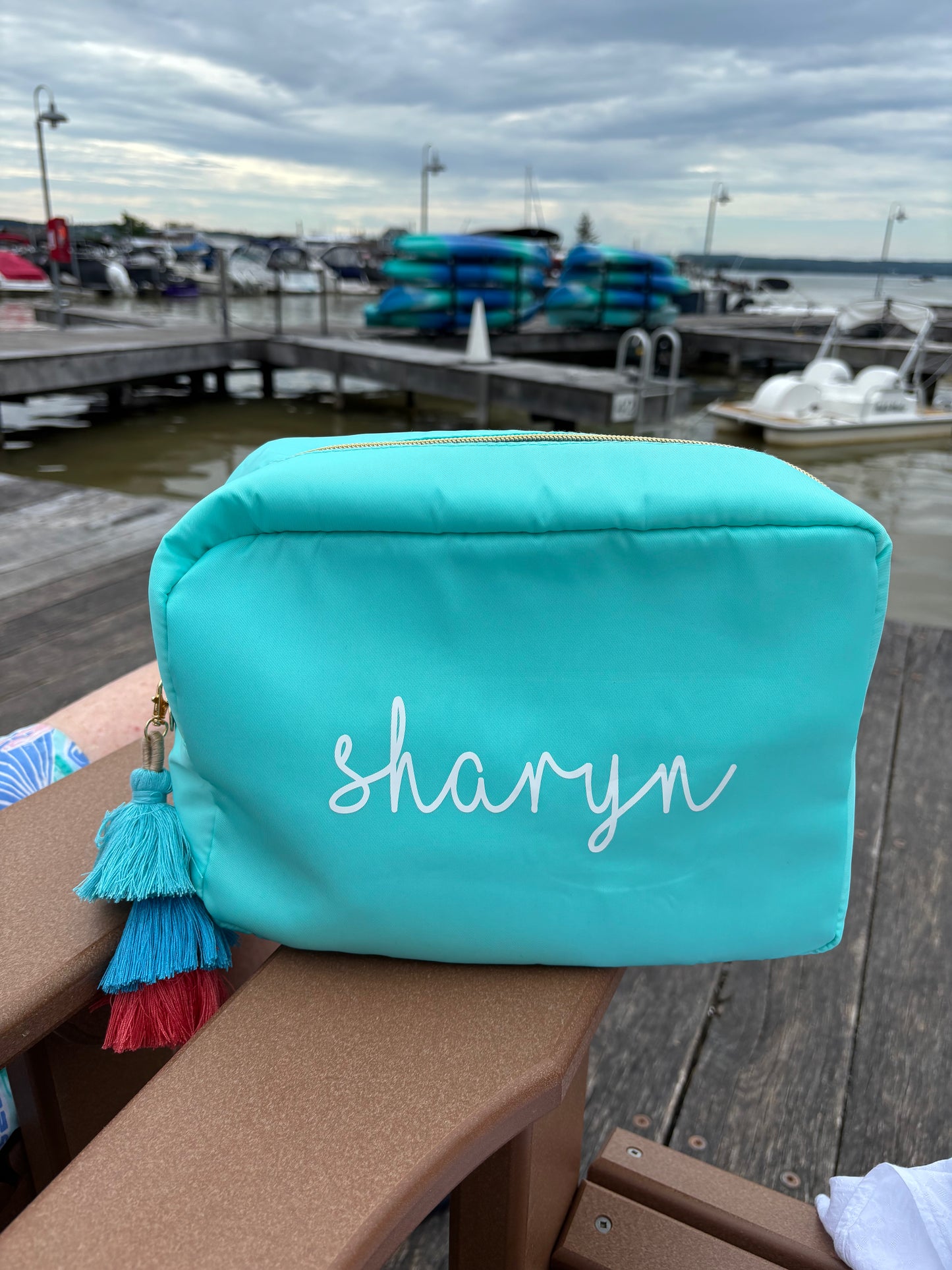 Personalized turquoise nylon makeup bag with your name