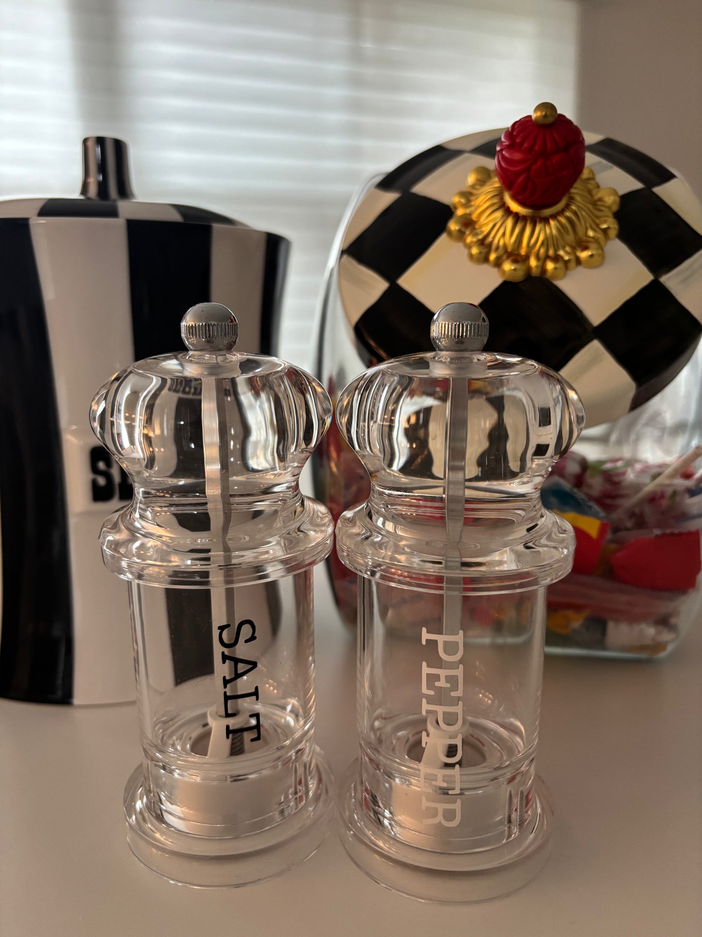 Personalized acrylic 2.3" x 2.3" x 5" salt and pepper shakers- sold as set
