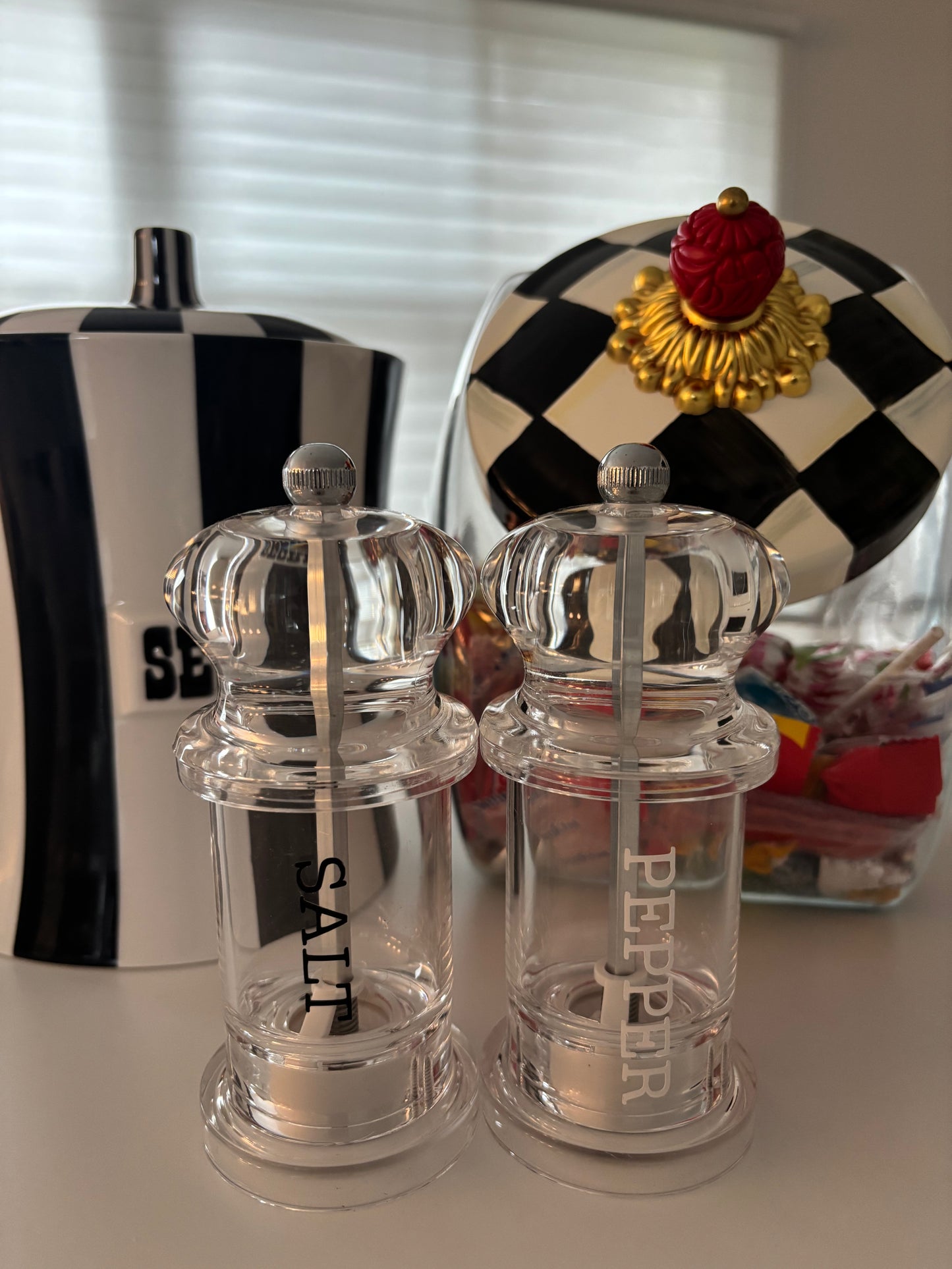 Personalized acrylic 2.3" x 2.3" x 5" salt and pepper shakers- sold as set