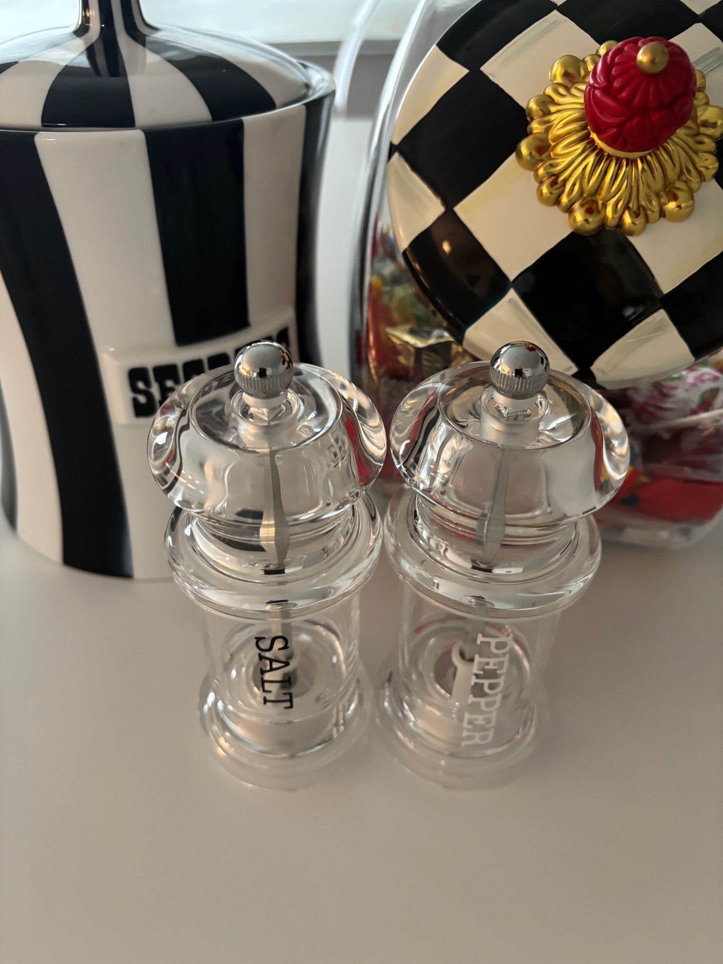 Personalized acrylic 2.3" x 2.3" x 5" salt and pepper shakers- sold as set