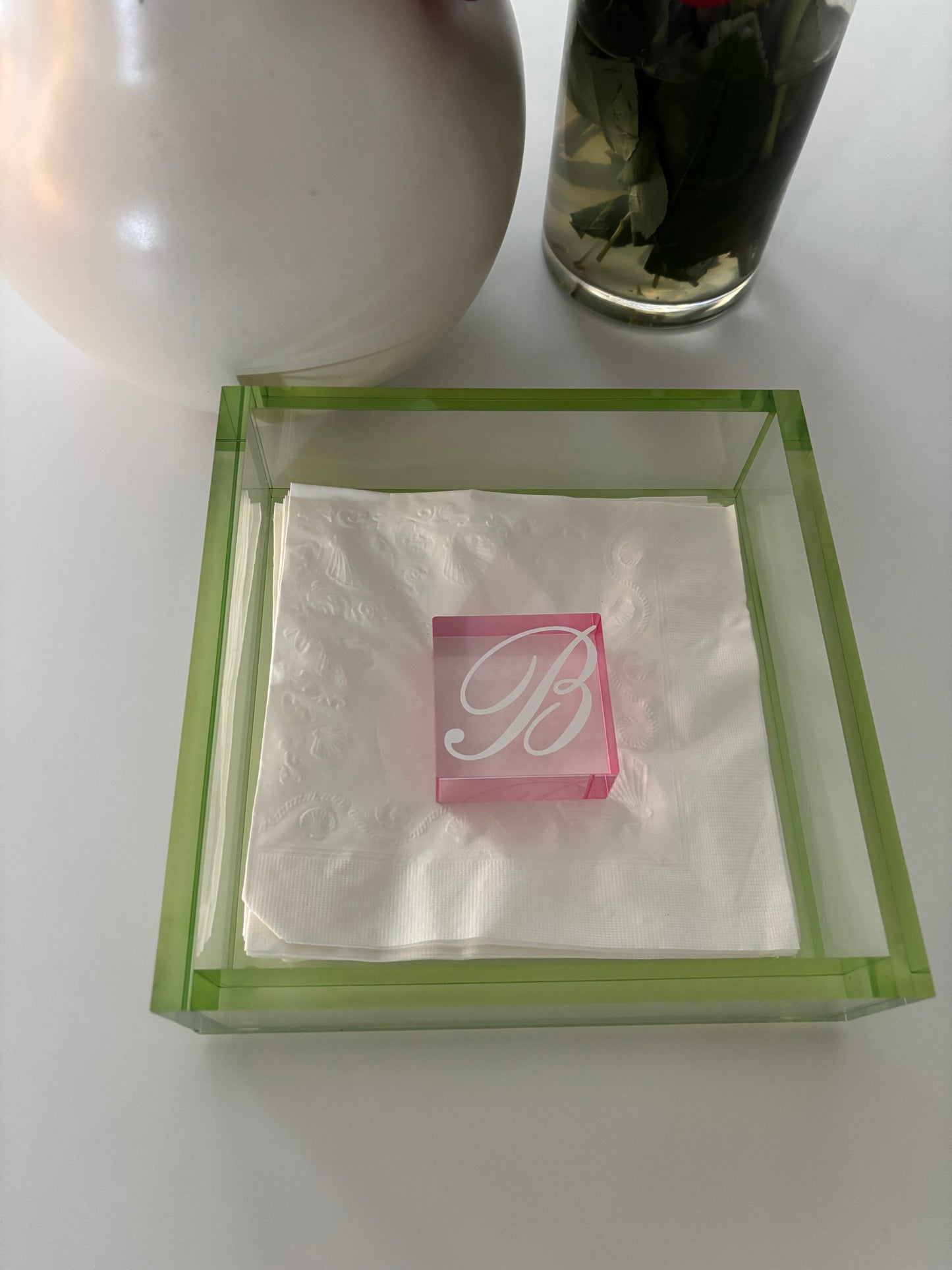 Personalized Acrylic 7.5" x 7.5" luncheon napkin holder with square weight- bar decor pink/green