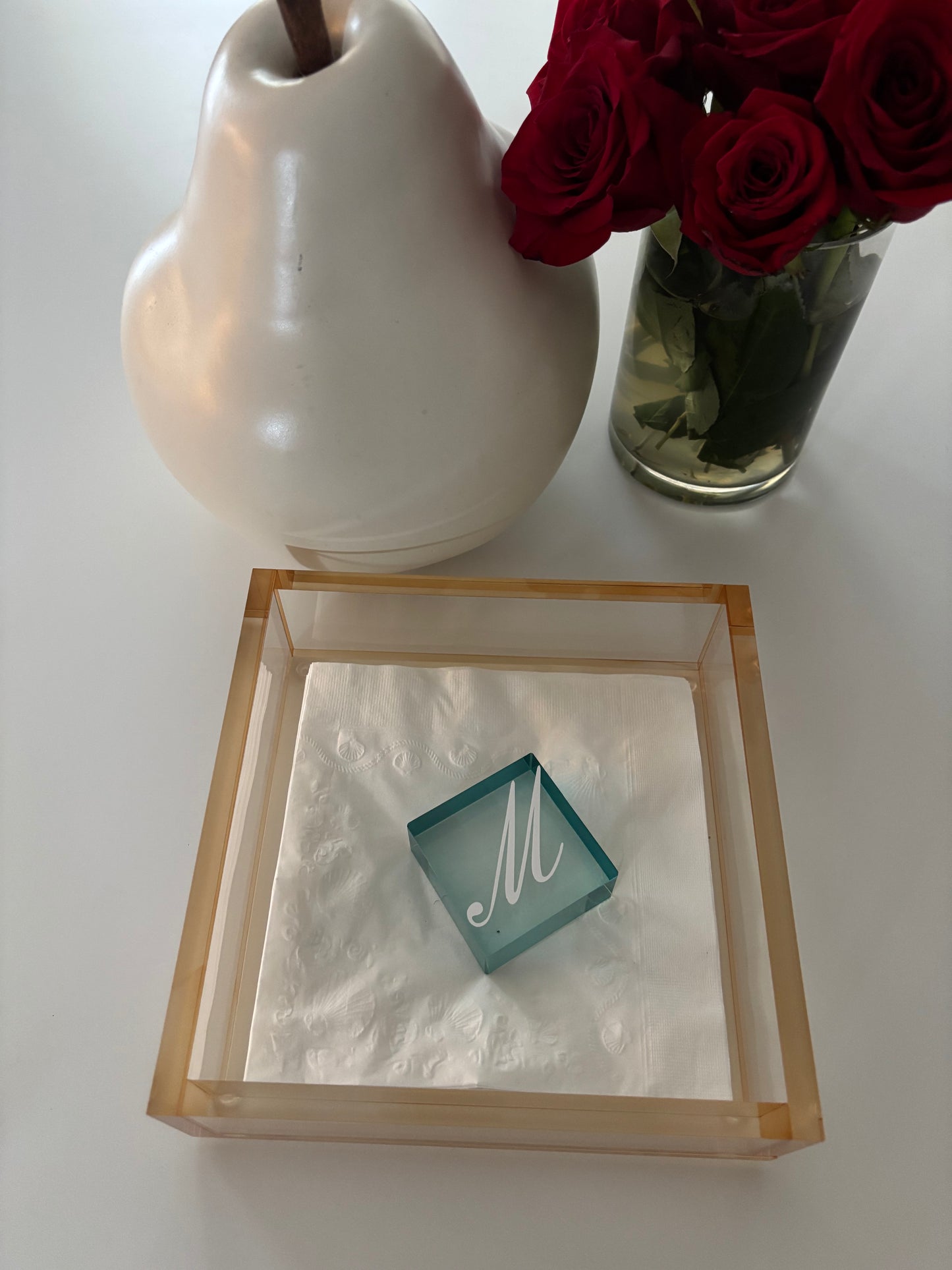 Personalized Acrylic 7.5" x 7.5" luncheon napkin holder with square weight- bar decor amber/teal