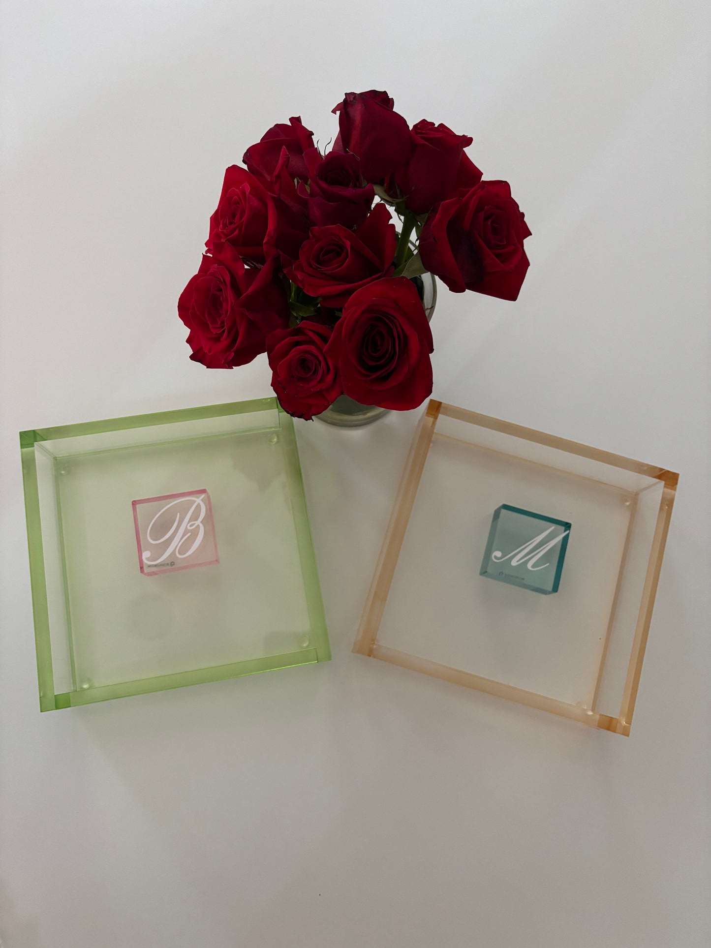 Personalized Acrylic 7.5" x 7.5" luncheon napkin holder with square weight- bar decor pink/green