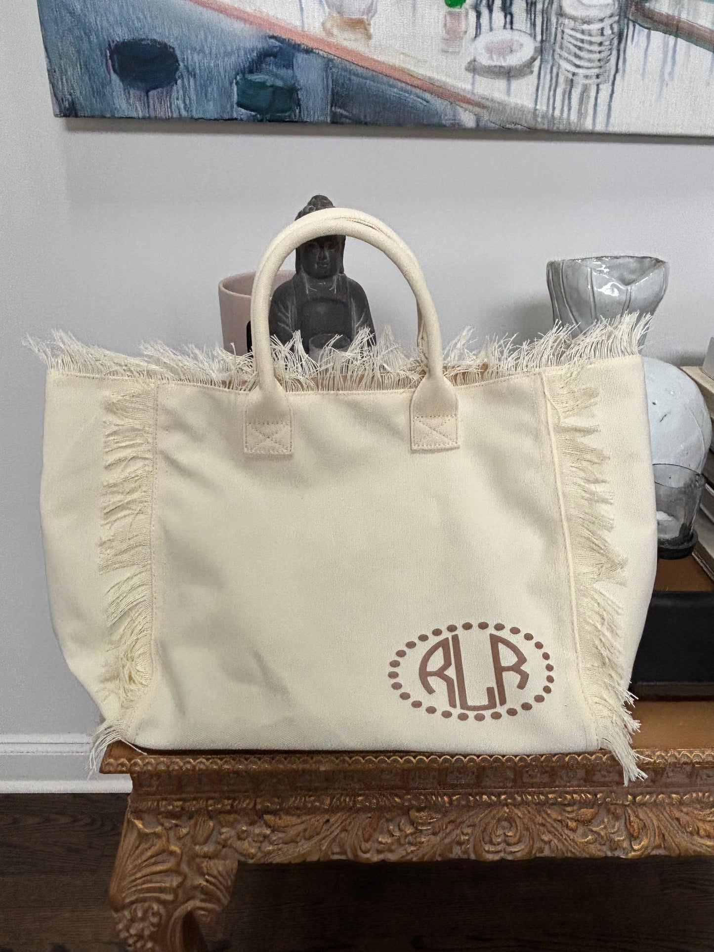 Personalized canvas fringe tote bag 20" x 12" x 8"