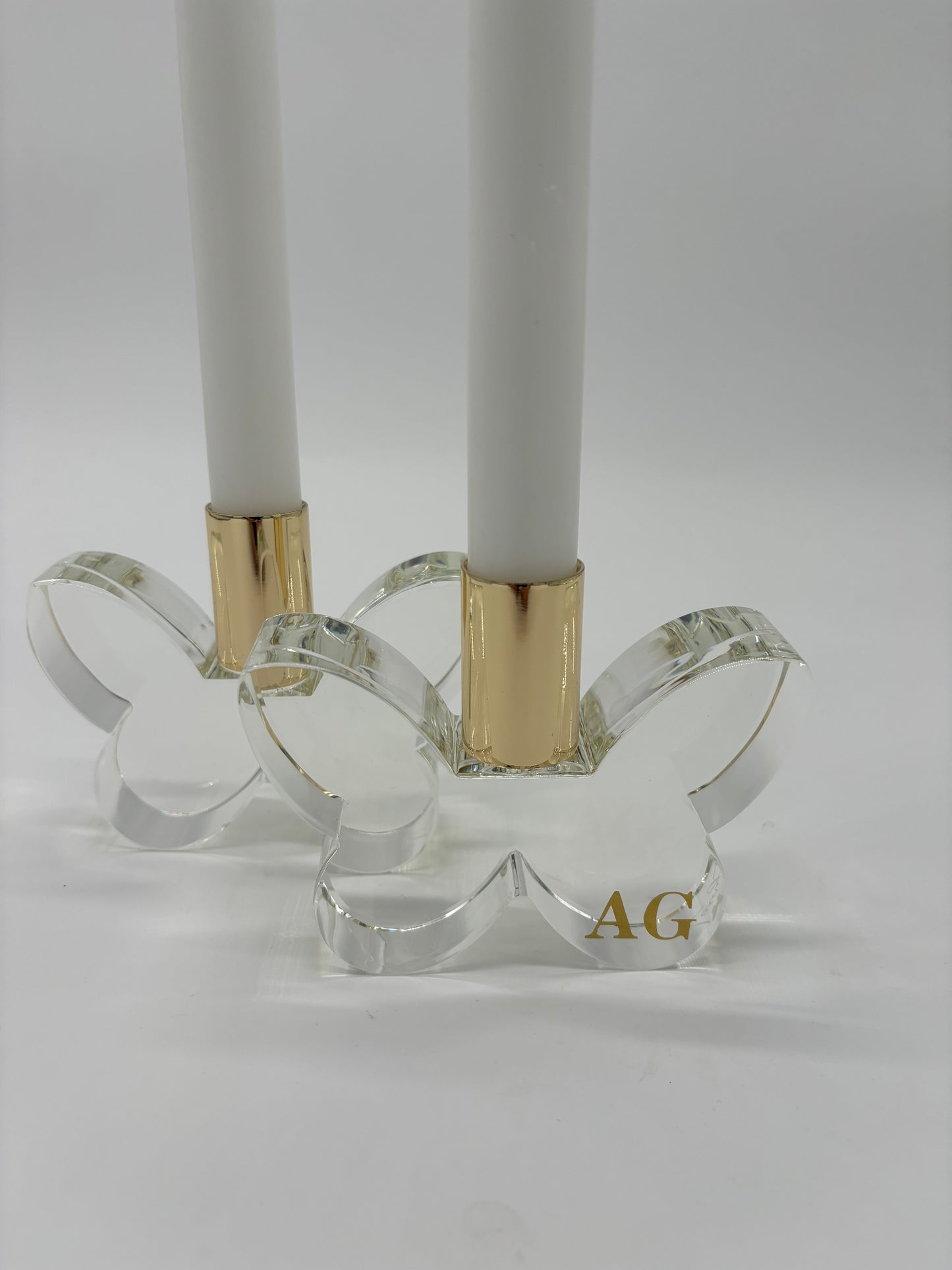 Personalized set of 3" crystal butterfly candle stick holders- clear crystal