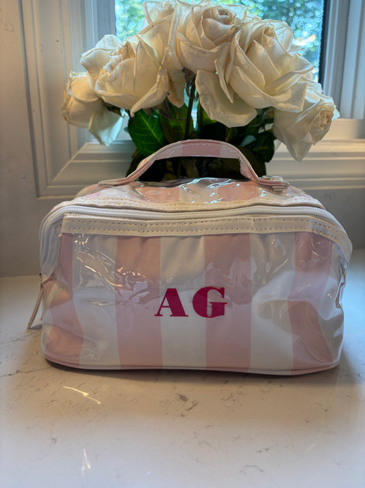 Personalized coated travel makeup bag with 3 compartments - pale pink/white