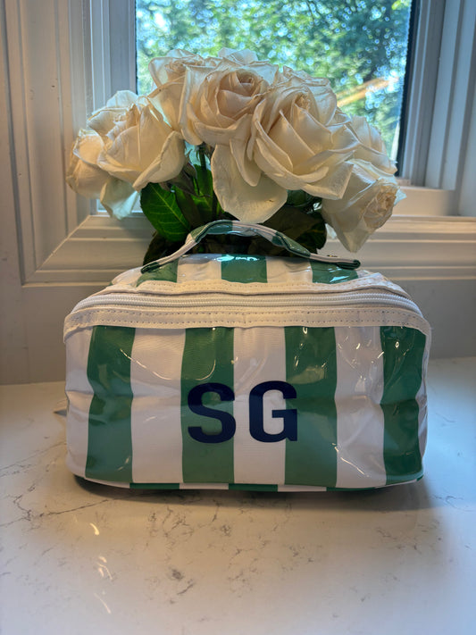 Personalized coated travel makeup bag with 3 compartments - green/white