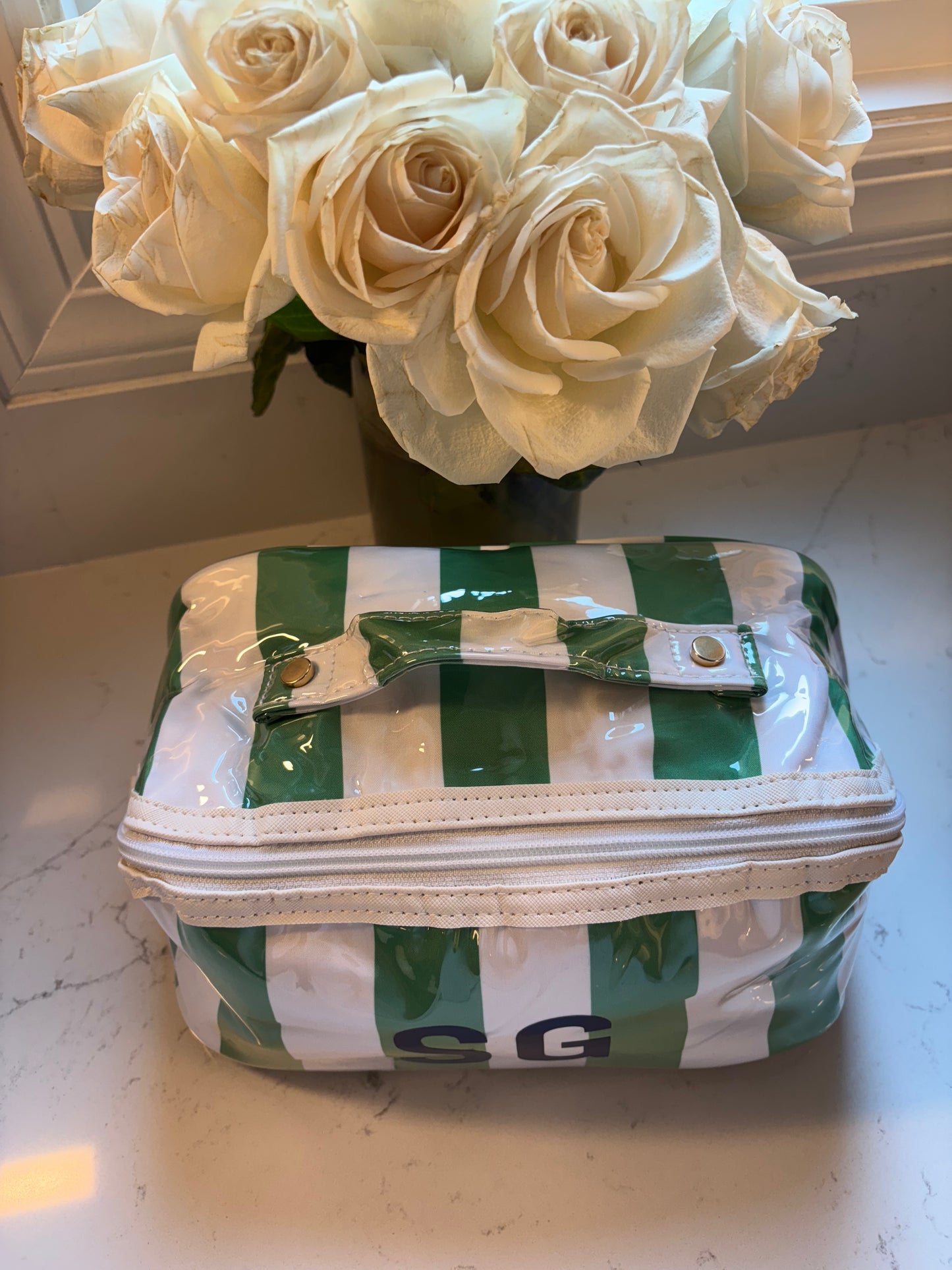 Personalized coated travel makeup bag with 3 compartments - green/white
