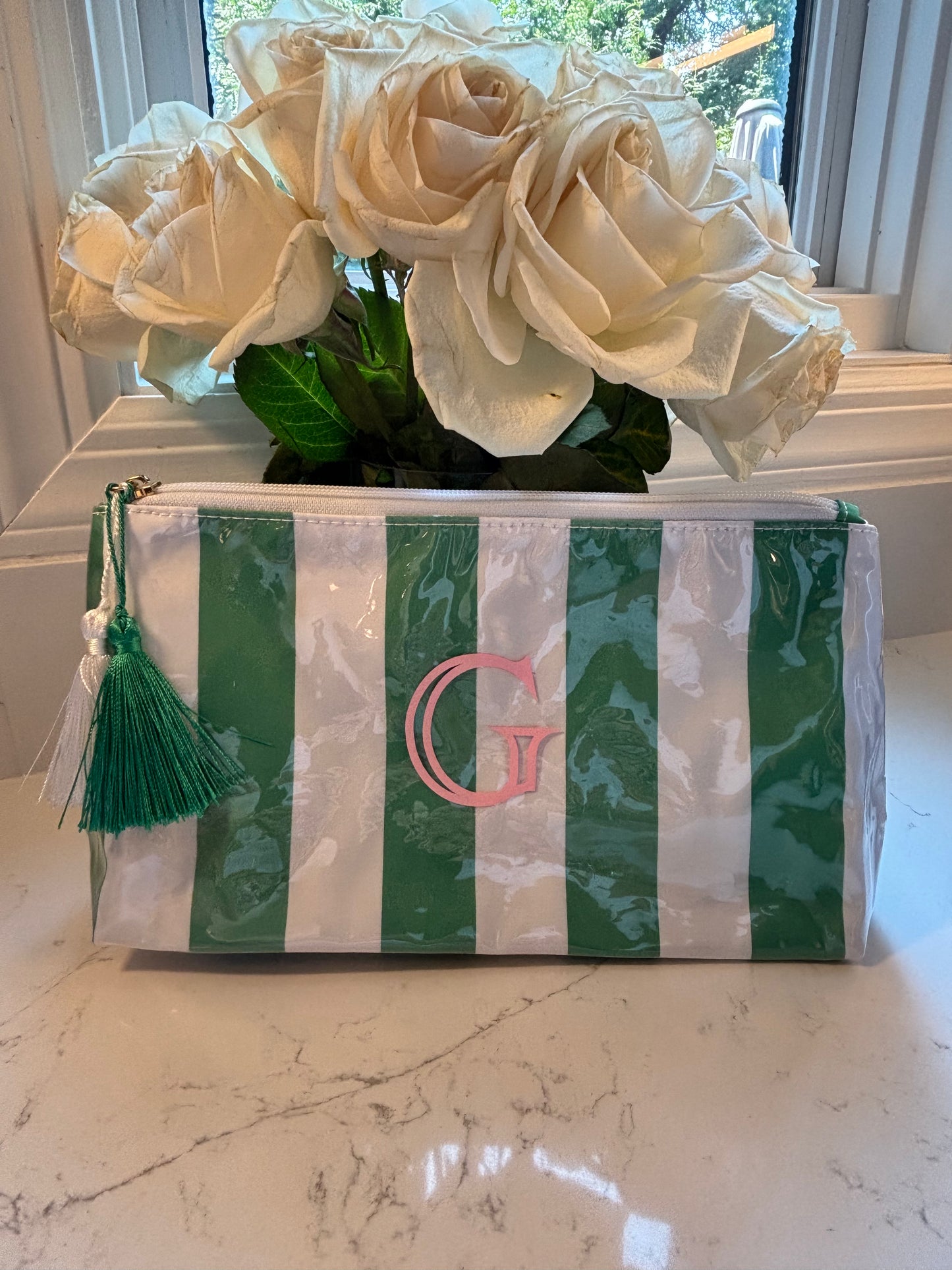Personalized coated travel makeup bag with tassel closure- green/white