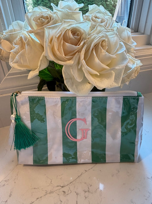 Personalized coated travel makeup bag with tassel closure- green/white