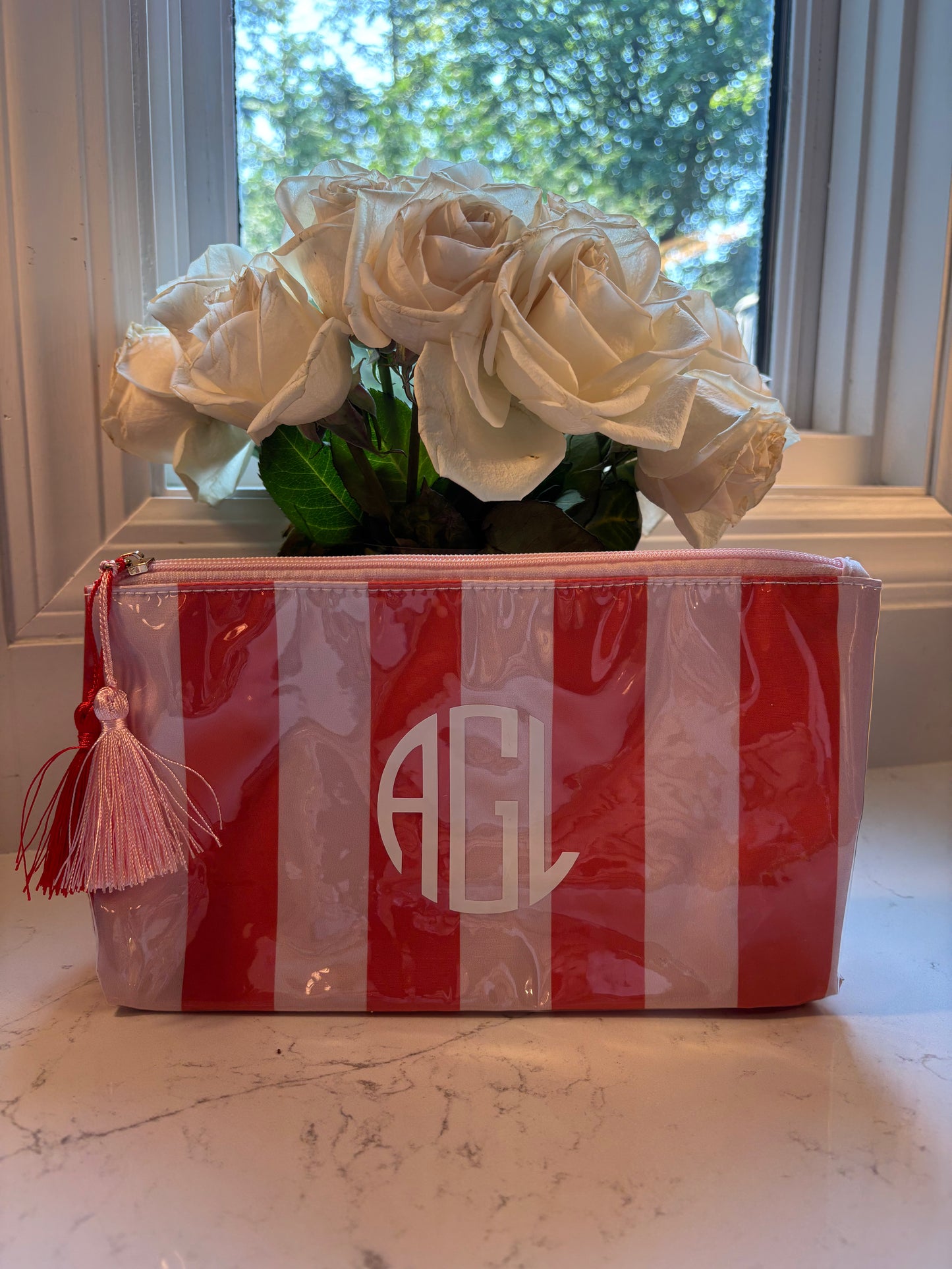 Personalized coated travel makeup bag with tassel closure- pink/red