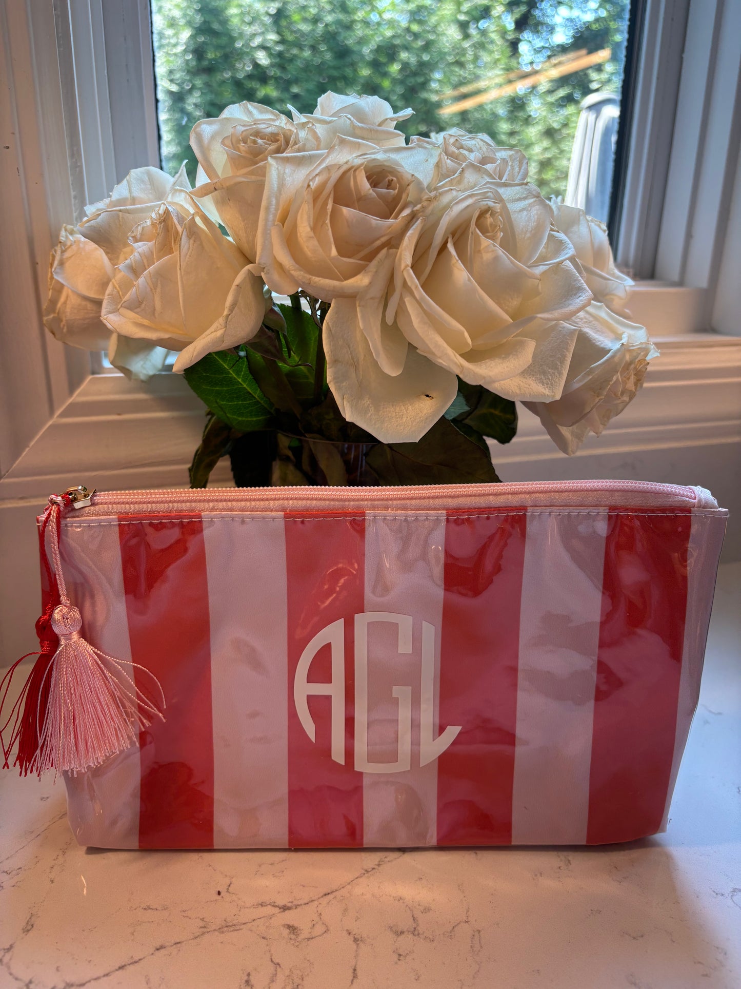 Personalized coated travel makeup bag with tassel closure- pink/red