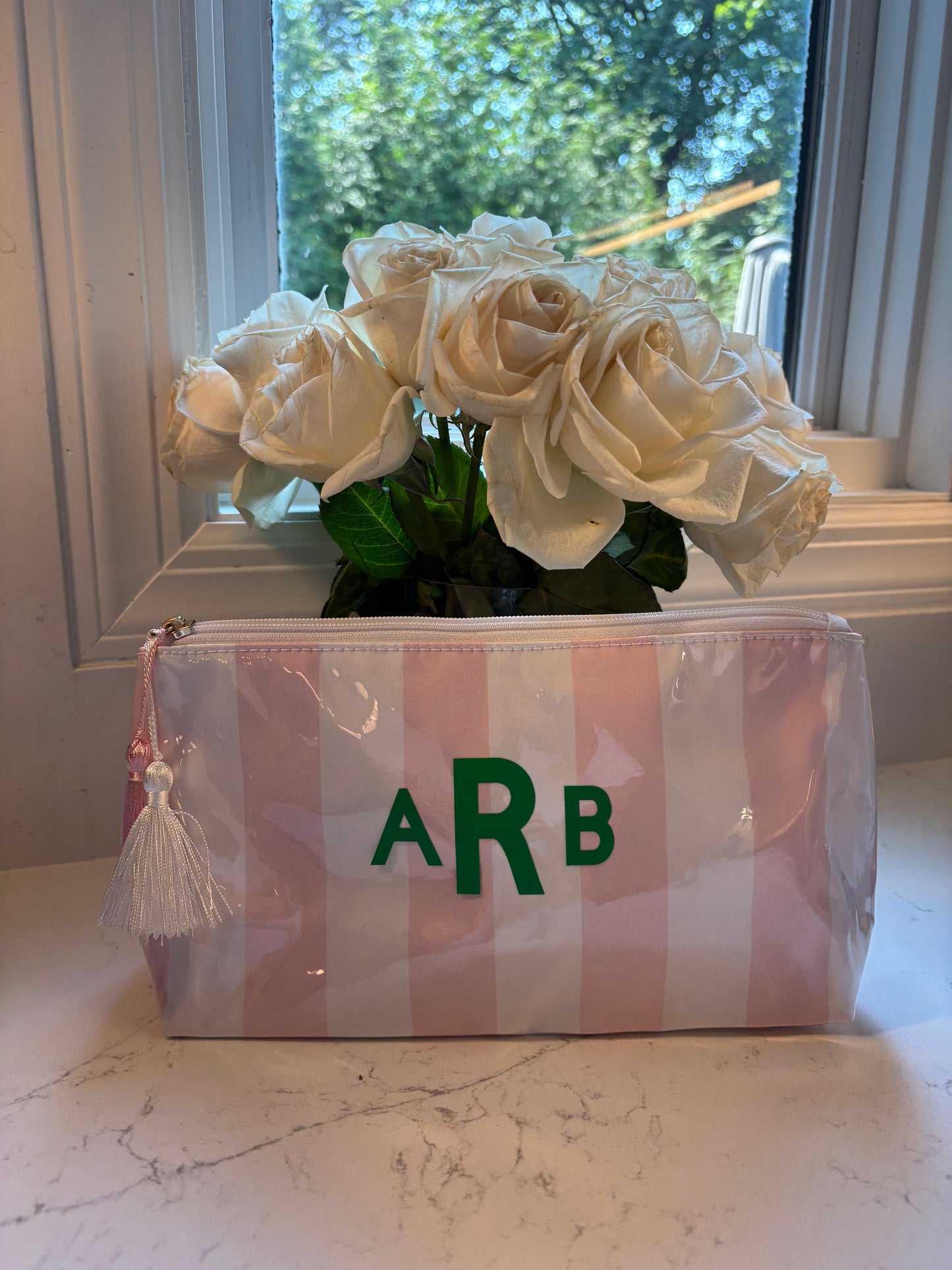 Personalized coated travel makeup bag with tassel closure- pink/white