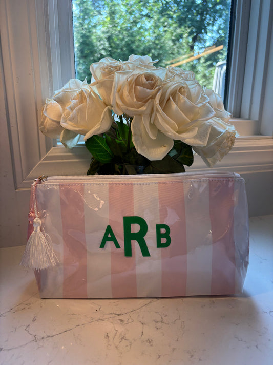 Personalized coated travel makeup bag with tassel closure- pink/white