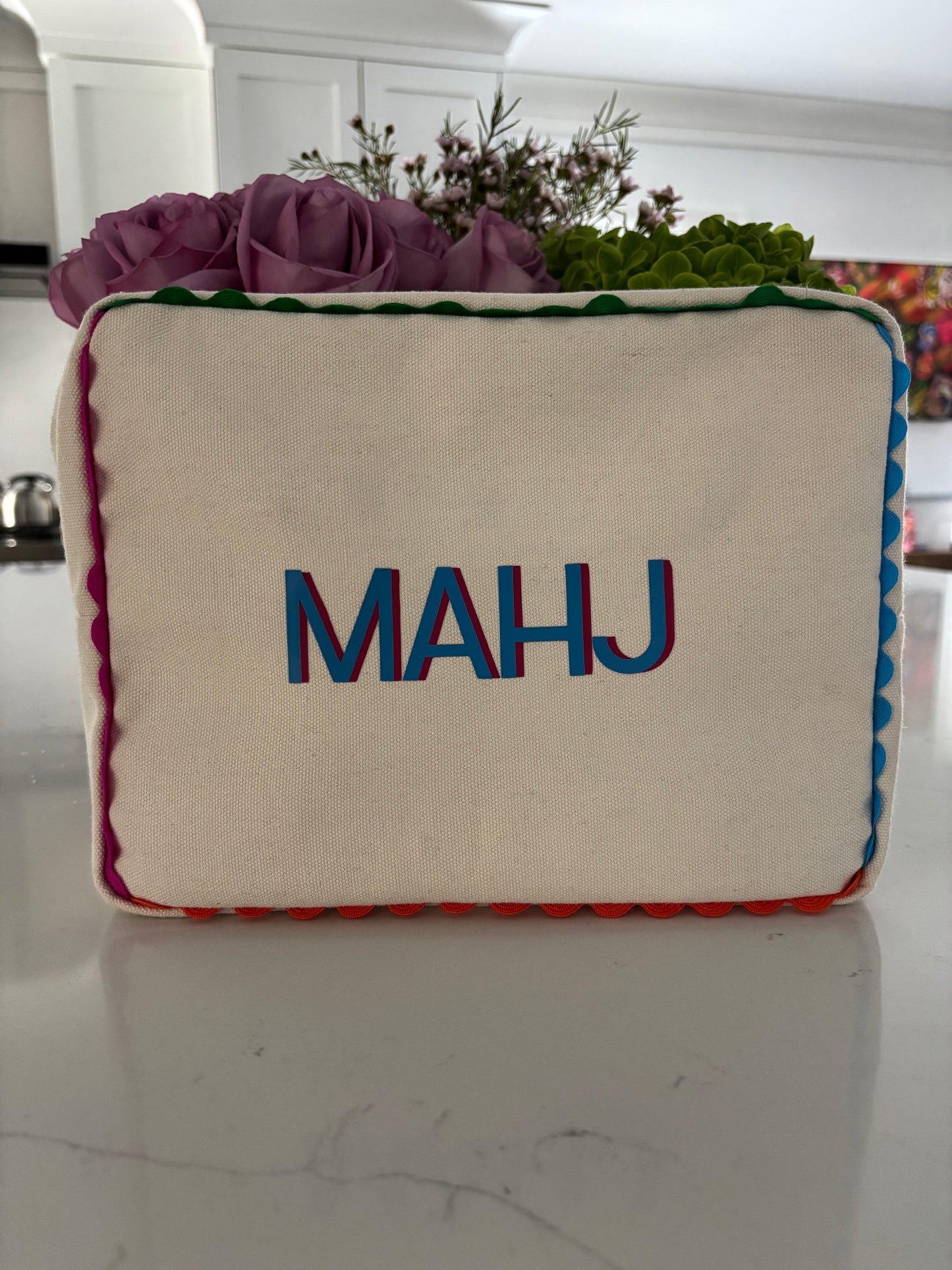 Ivory canvas mahjong tile bag with a full set of ivory mahjong tiles