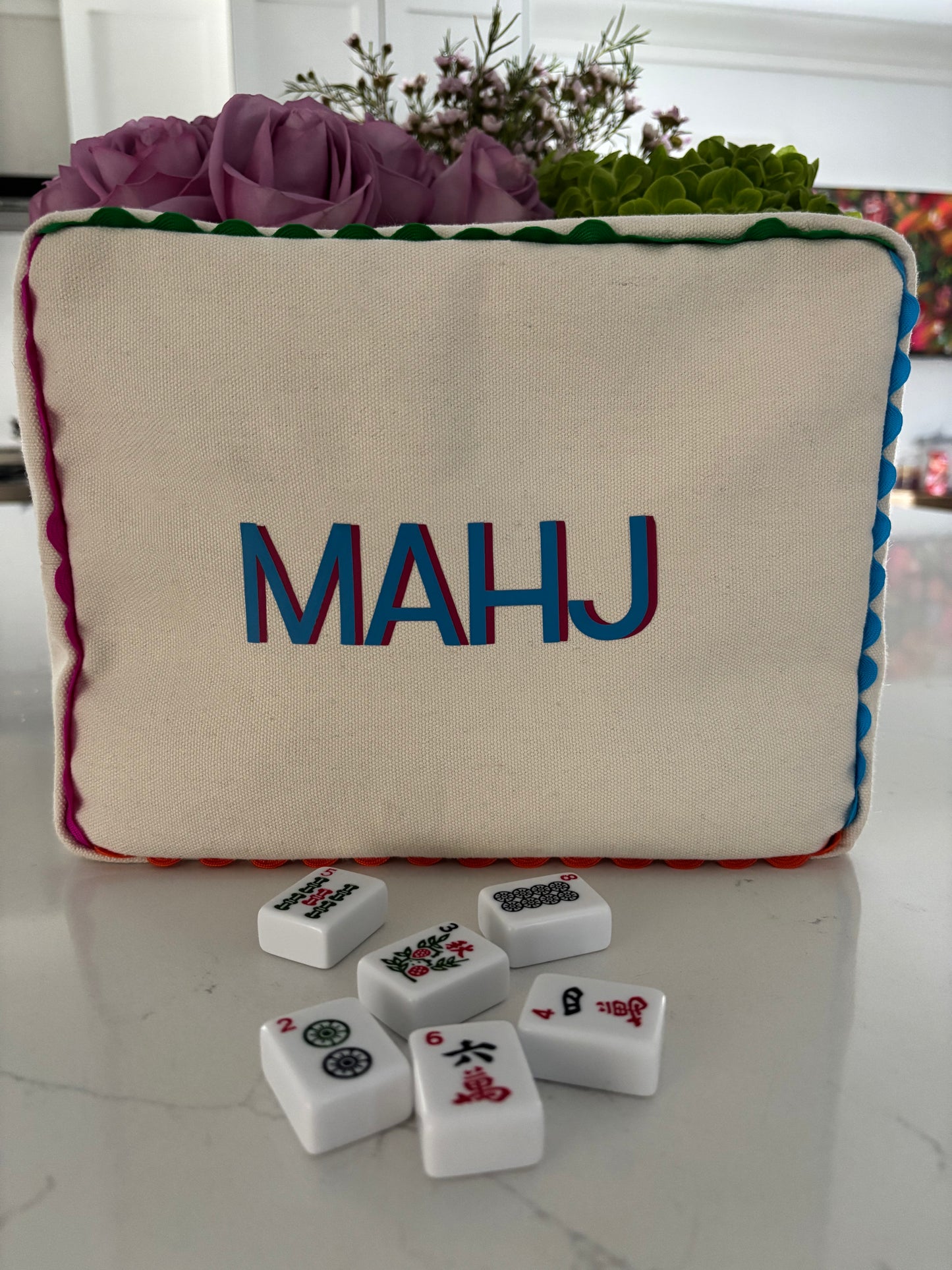 Ivory canvas mahjong tile bag with a full set of ivory mahjong tiles