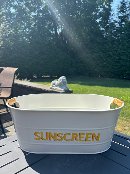 16" white galvanized tin with rattan handles- SUNSCREEN