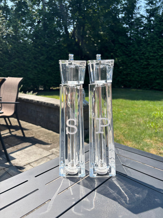 Personalized acrylic 12" salt and pepper shakers- white- sold as set