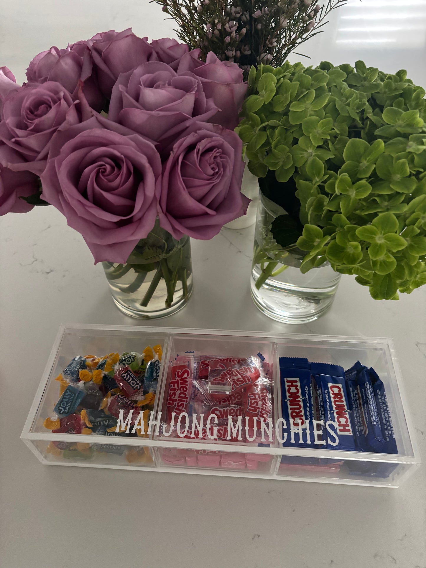 Personalized Mahjong Munchies 3 section clear acrylic serving tray, sold with the candy , sections are removable