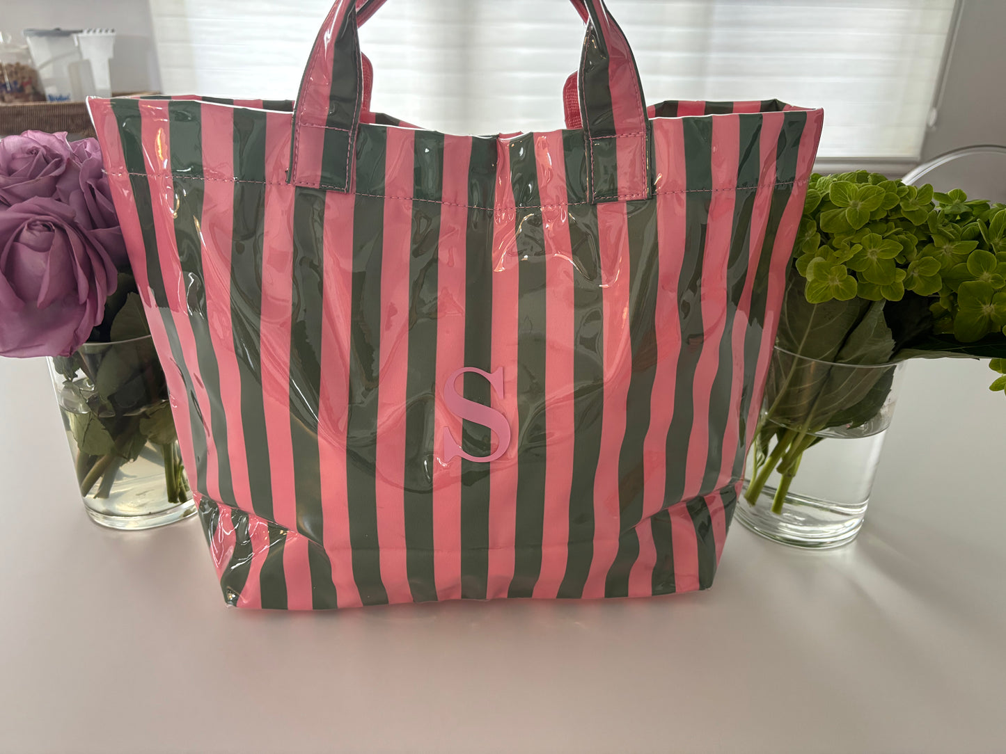 Personalized striped beach bag / waterproof  light pink/ green