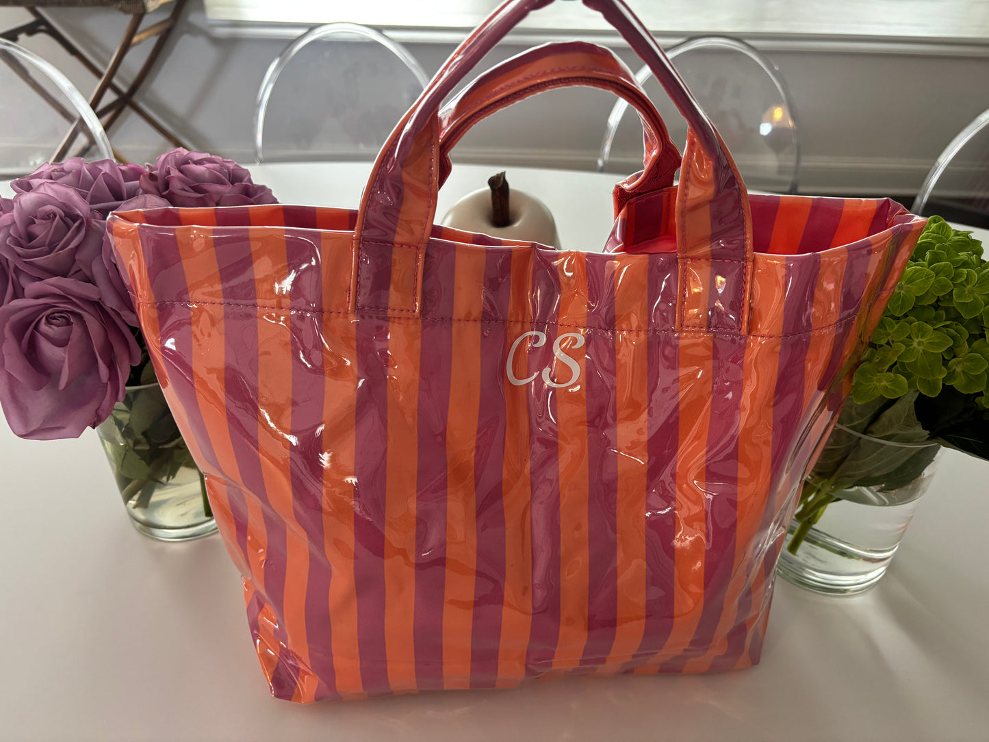 Personalized striped beach bag / waterproof  dark pink/orange