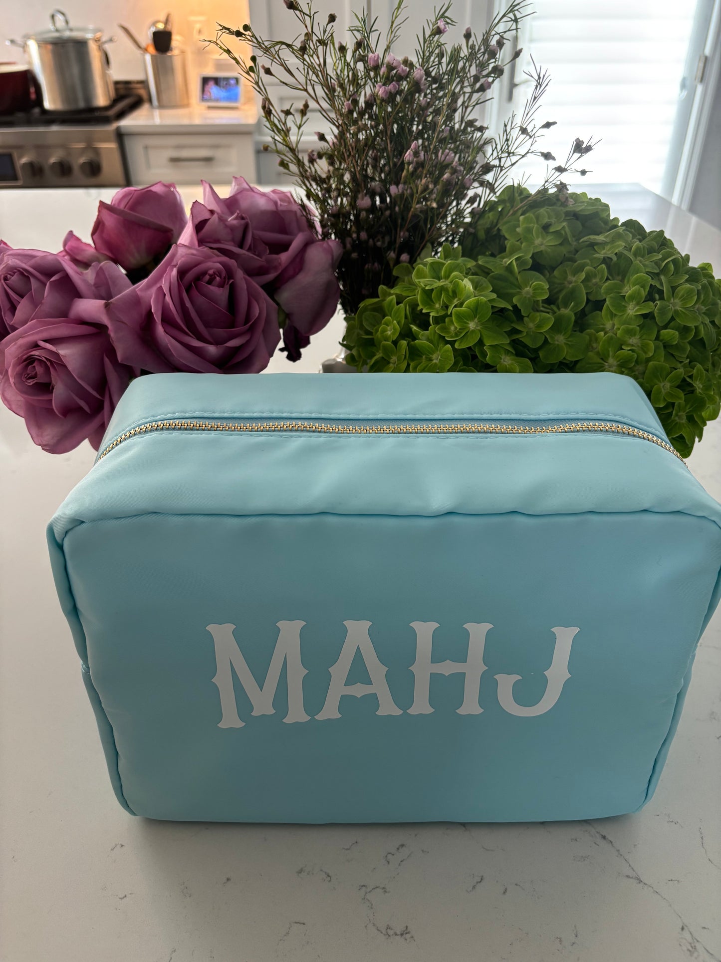 Turquoise nylon Mahj bag 11" x 5" x 7"