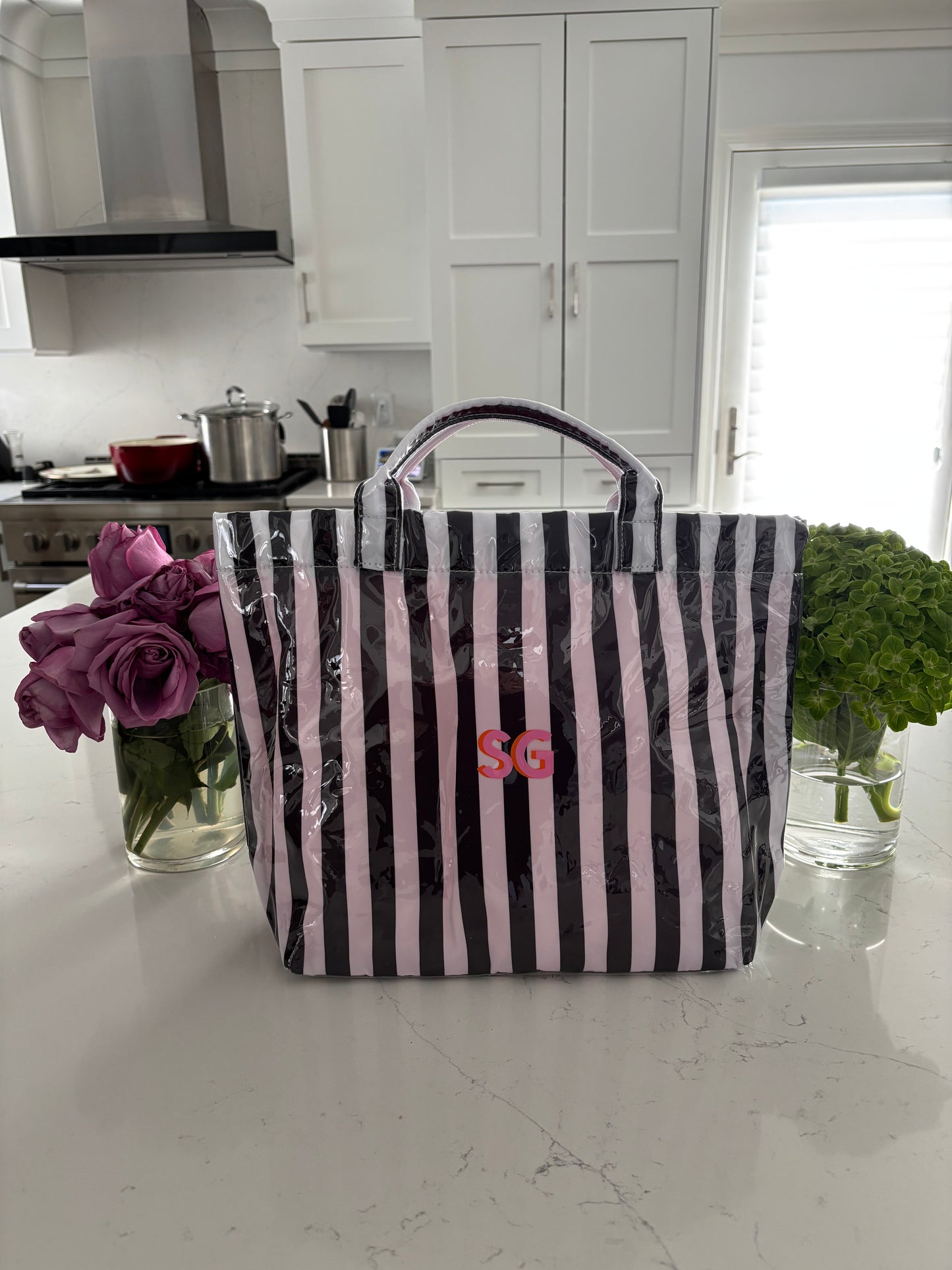 Personalized striped beach bag / waterproof black/white