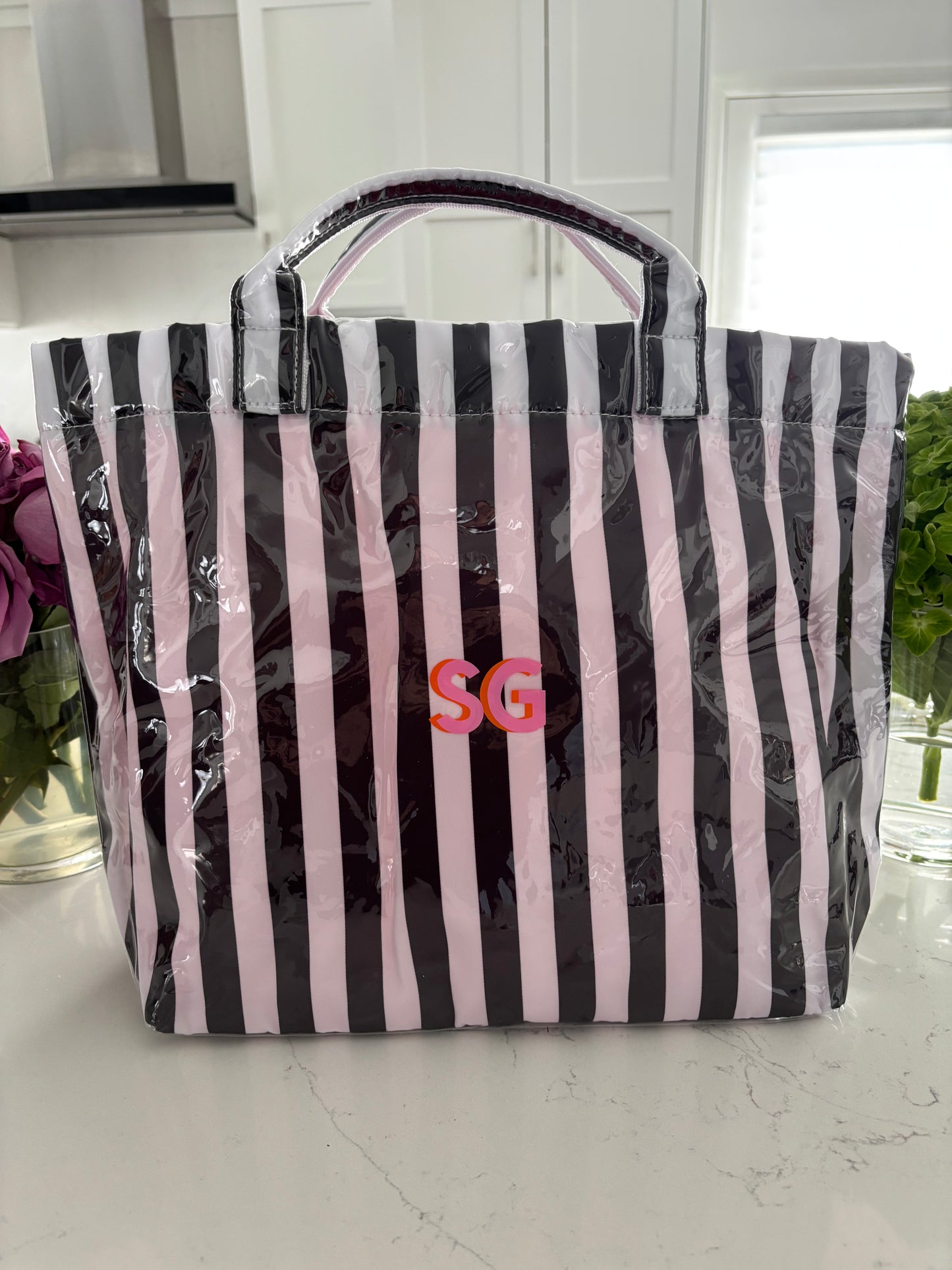 Personalized striped beach bag / waterproof black/white