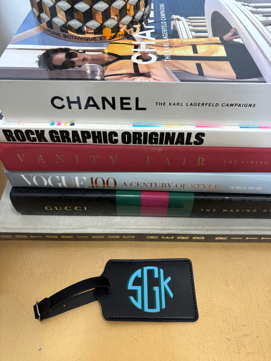 Personalized leather luggage tag black with 3 letter modern monogram